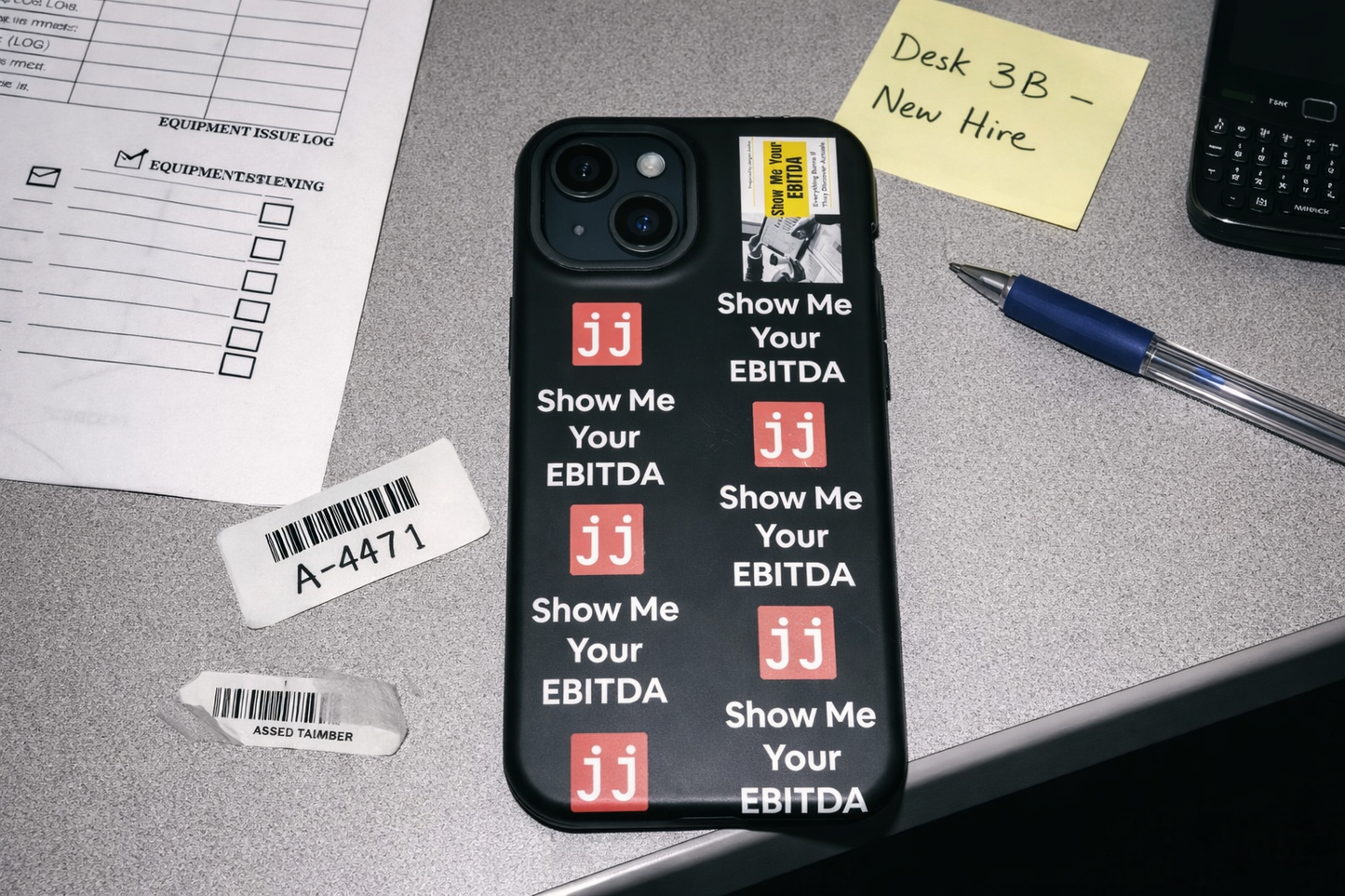Black corporate humor phone case with 'Show Me Your EBITDA' text, perfect for finance professionals.