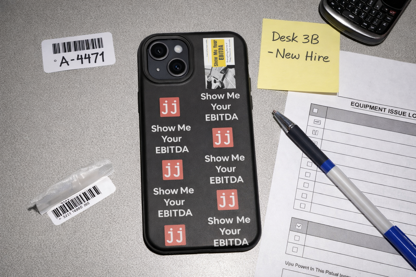 Black corporate humor phone case with 'Show Me Your EBITDA' text, perfect for finance professionals.