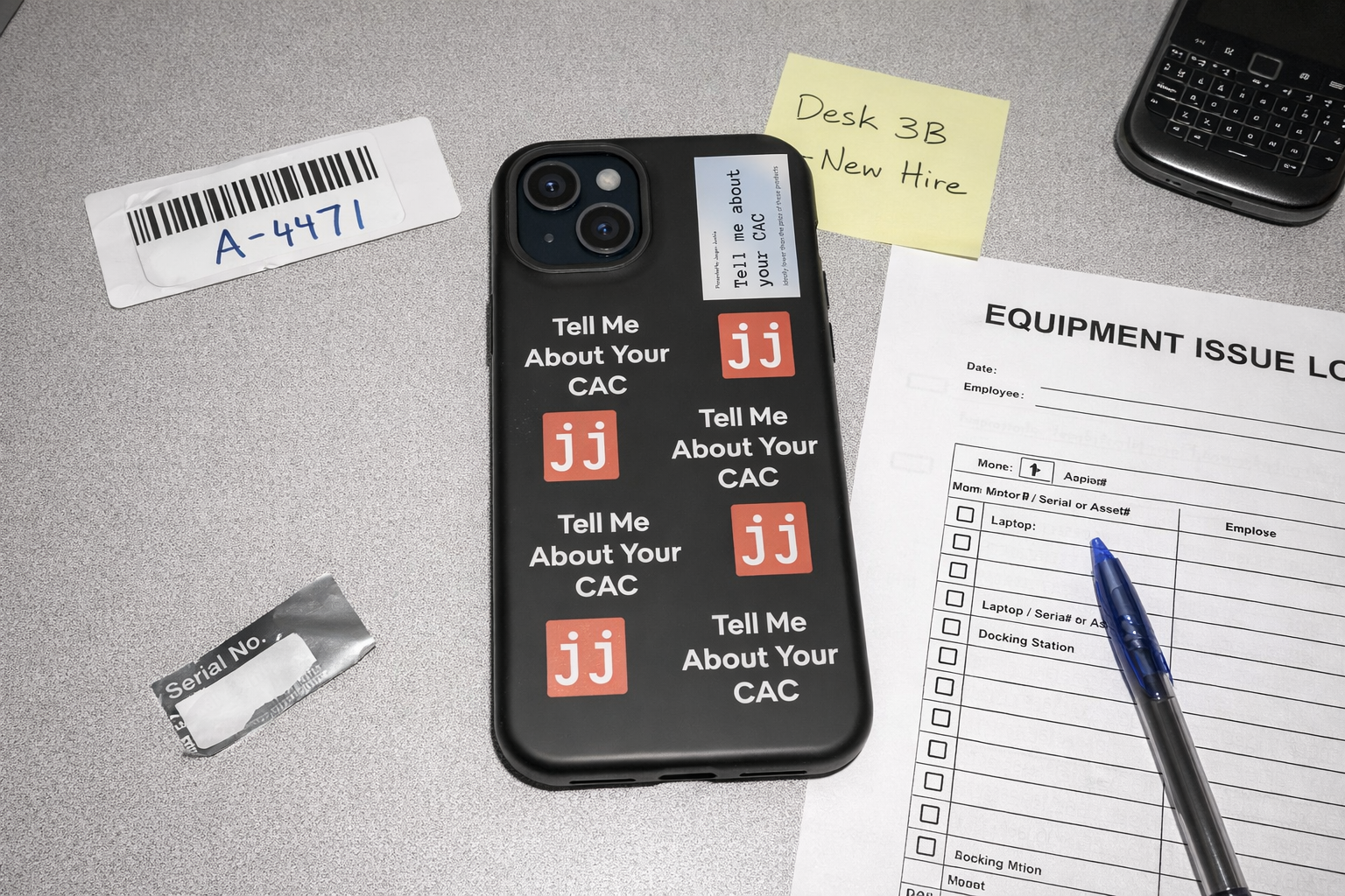 Jargon Junkie black iPhone Plus case with Tell Me About Your CAC text and JJ logos on office desk with equipment issue log corporate humor phone accessory