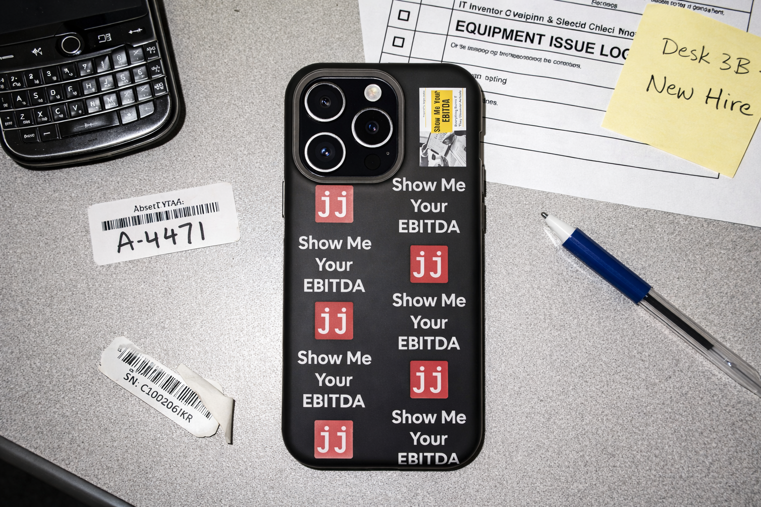 Black corporate humor phone case with 'Show Me Your EBITDA' text, perfect for finance professionals.