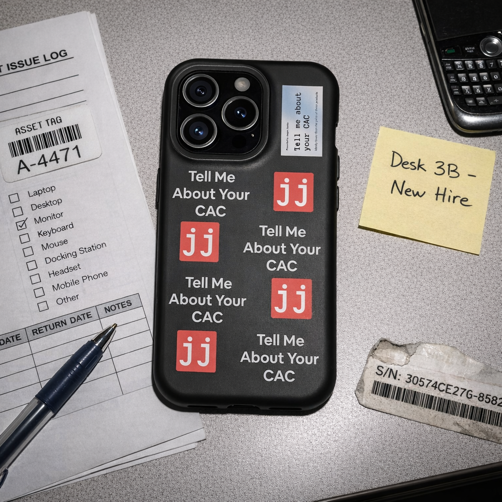 Jargon Junkie black iPhone Pro case with Tell Me About Your CAC text and JJ logos on office desk with equipment issue log corporate humor phone accessory