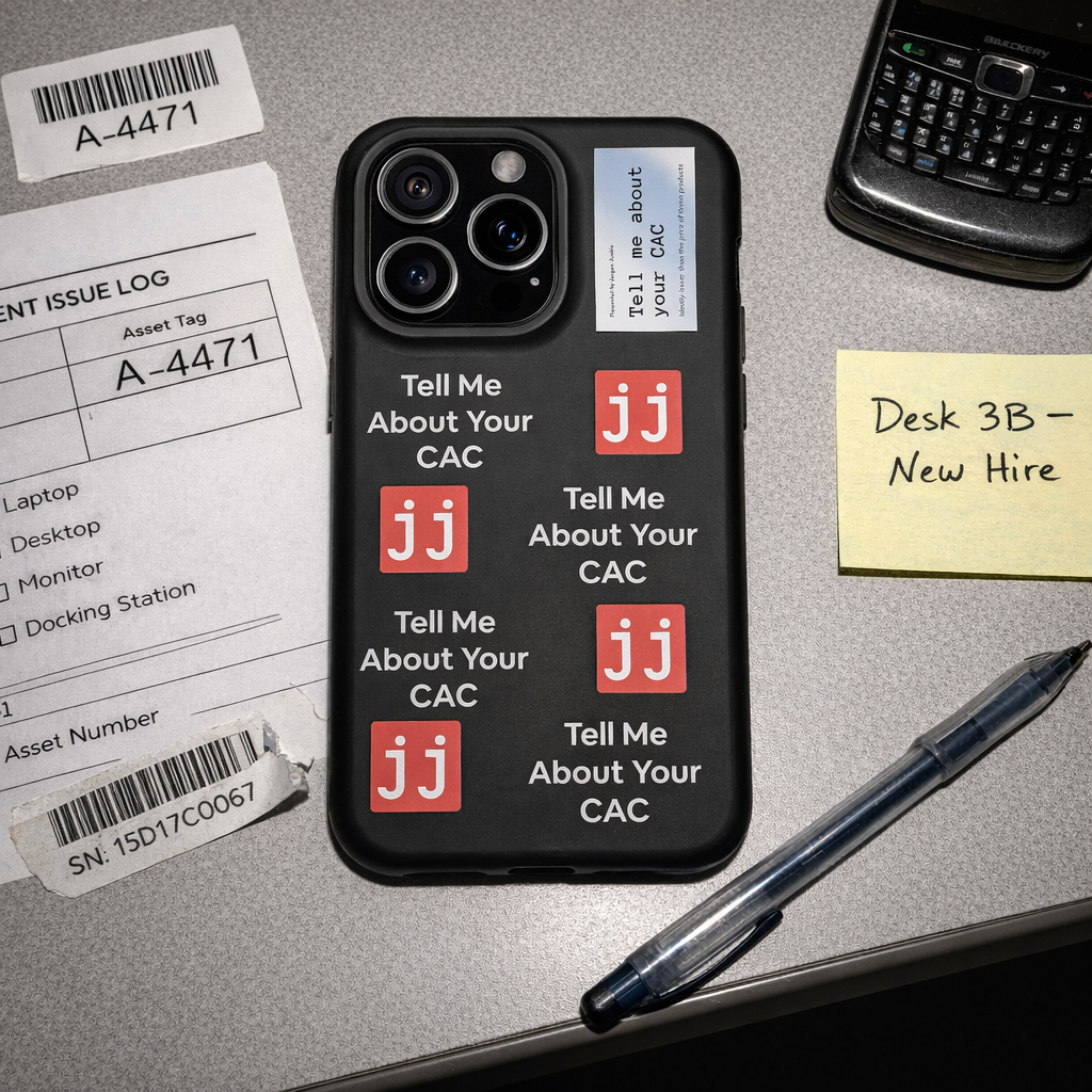 Jargon Junkie black iPhone Pro Max case with Tell Me About Your CAC text and JJ logos on office desk with equipment issue log corporate humor phone accessory