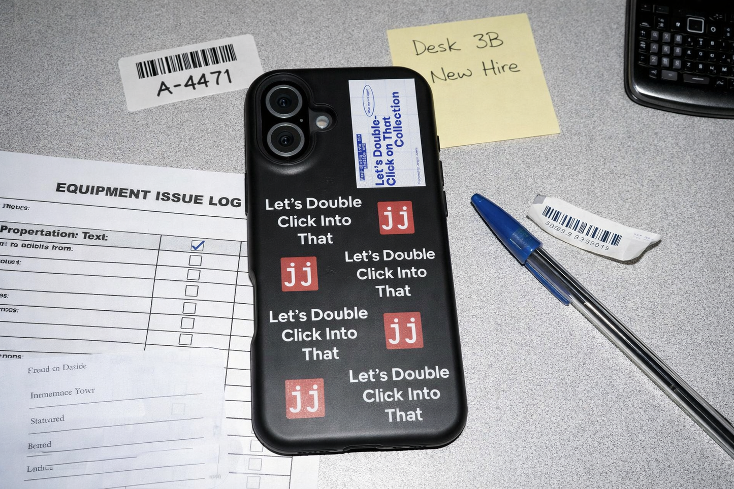 Jargon Junkie black iPhone 16 Plus case with Let's Double Click Into That text and JJ logos on office desk with equipment issue log corporate humor phone accessory
