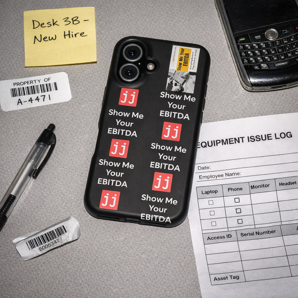 Black corporate humor phone case with 'Show Me Your EBITDA' text, perfect for finance professionals.