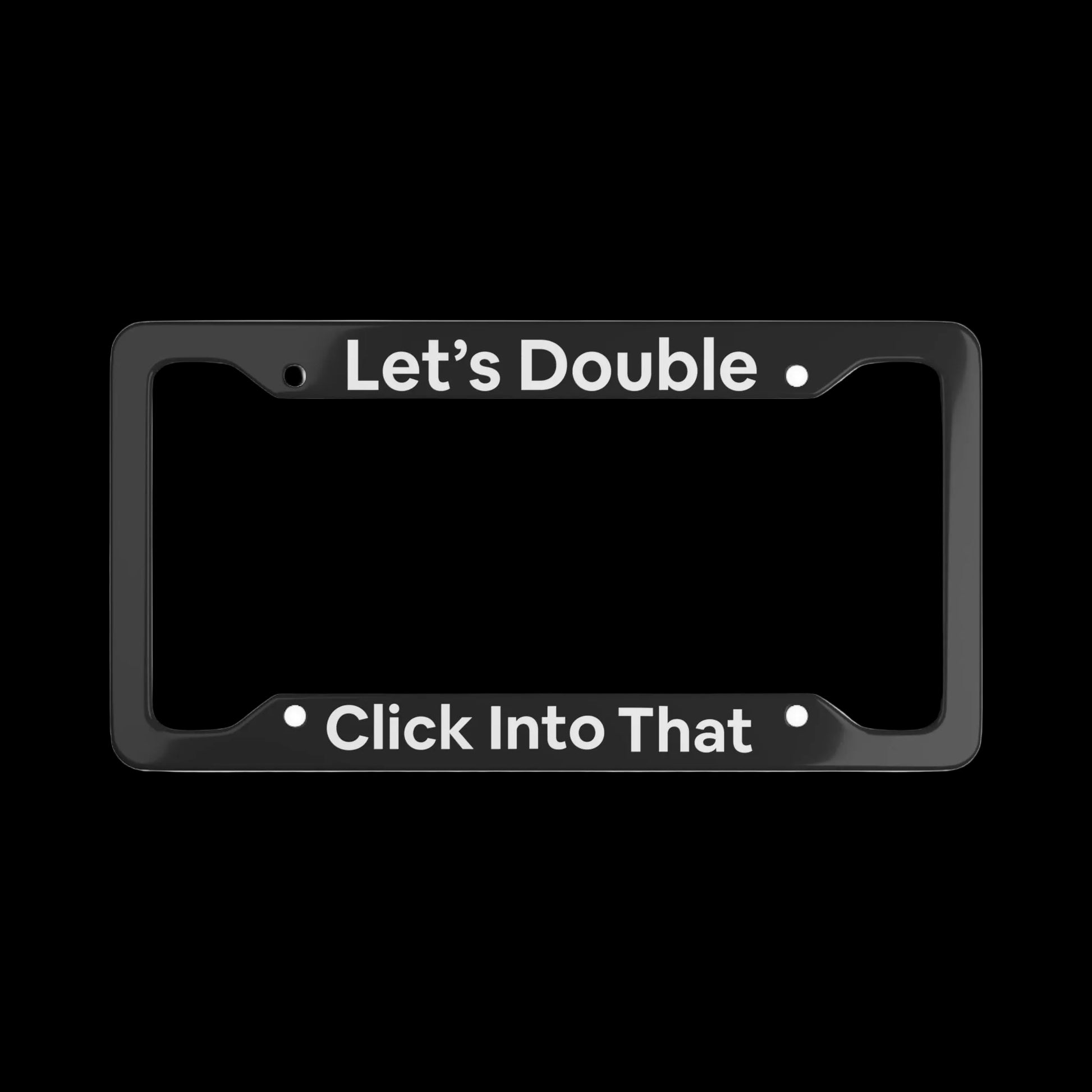 Jargon Junkie black license plate frame with Lets Double Click Into That text product shot corporate humor car accessory