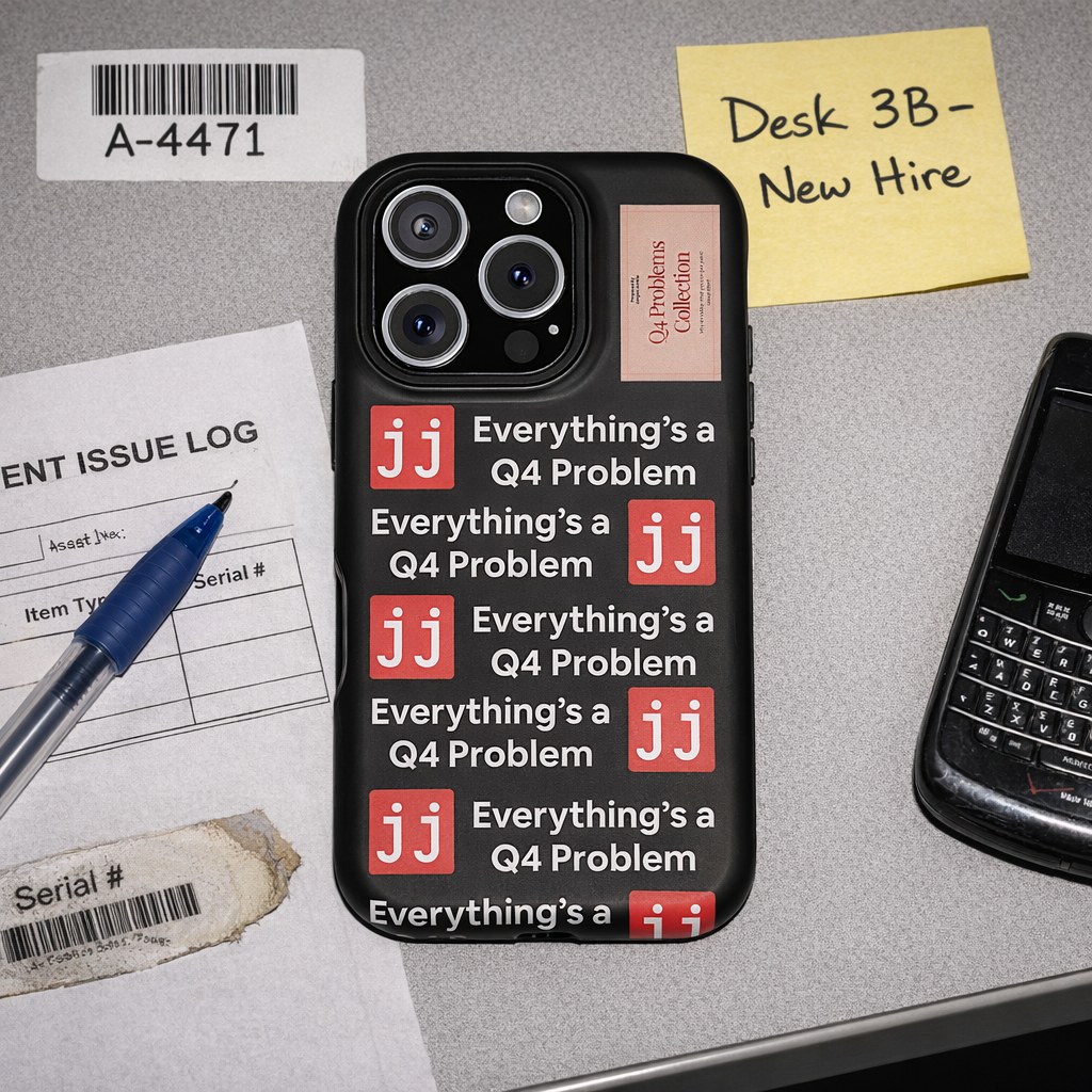 Everything’s a Q4 Problem' phone case on a desk with an equipment issue log, vintage BlackBerry, and New Hire note.
