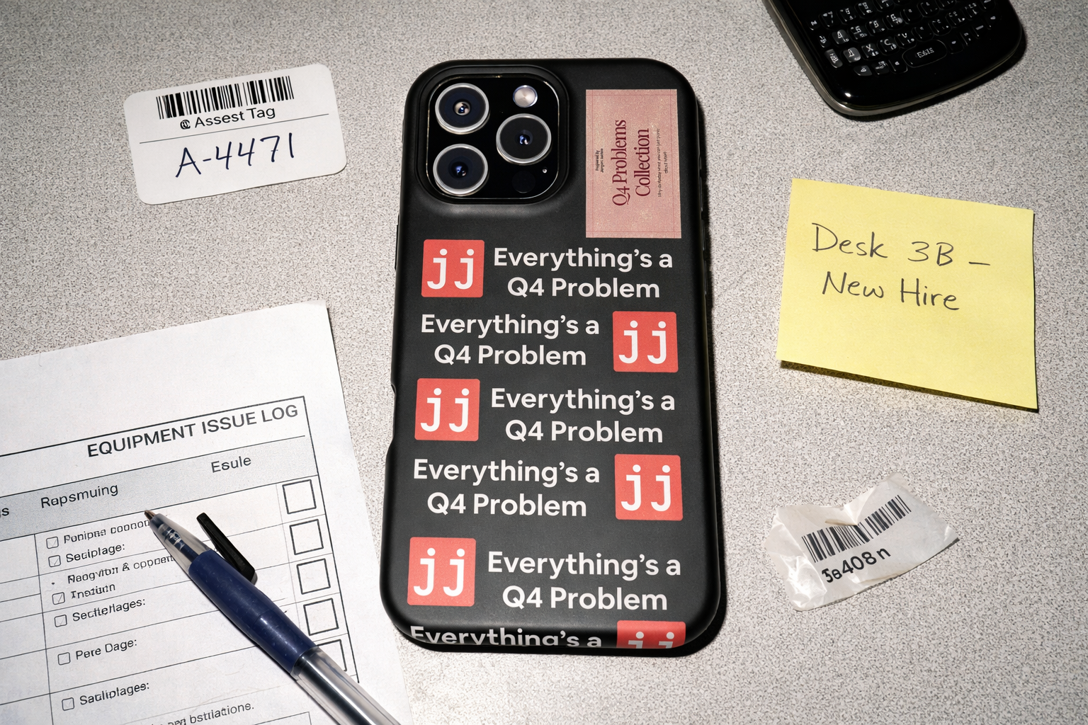 Everything’s a Q4 Problem' phone case on a desk with an equipment issue log, vintage BlackBerry, and New Hire note.