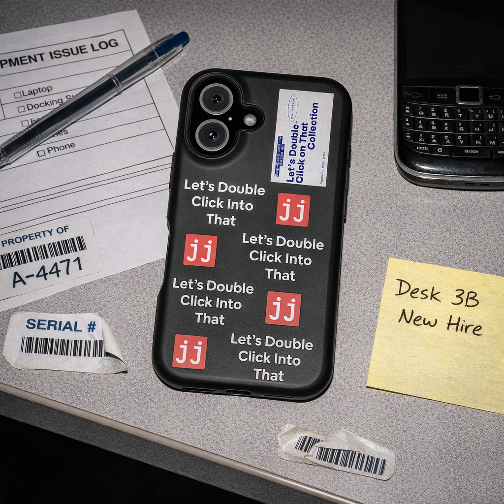 Jargon Junkie black iPhone 16 case with Let's Double Click Into That text and JJ logos on office desk with equipment issue log corporate humor phone accessory