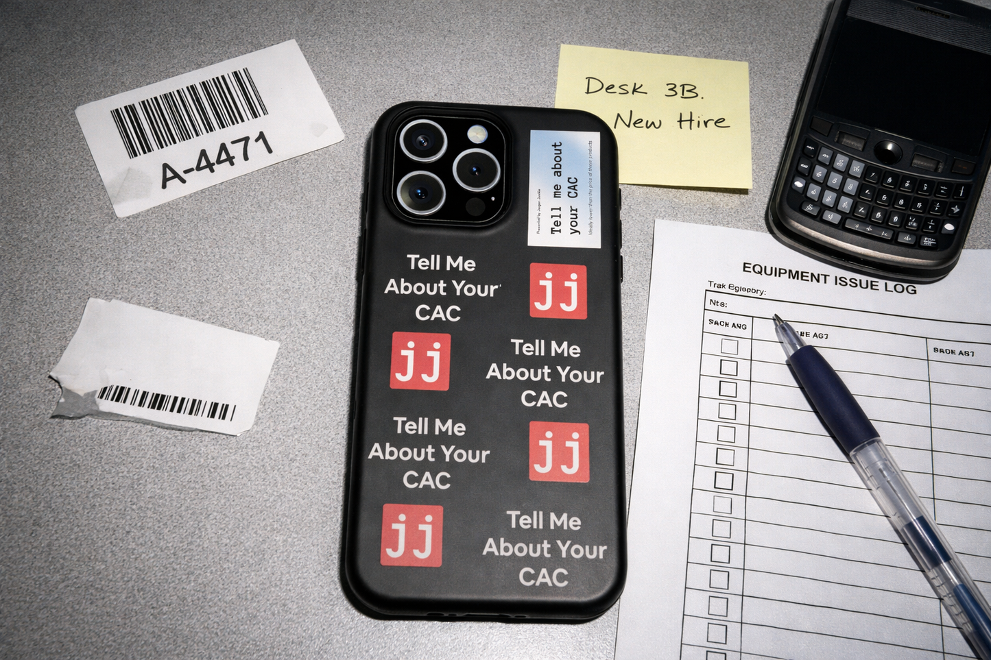 Jargon Junkie black iPhone Pro Max case with Tell Me About Your CAC text and JJ logos on office desk lifestyle shot corporate humor phone accessory
