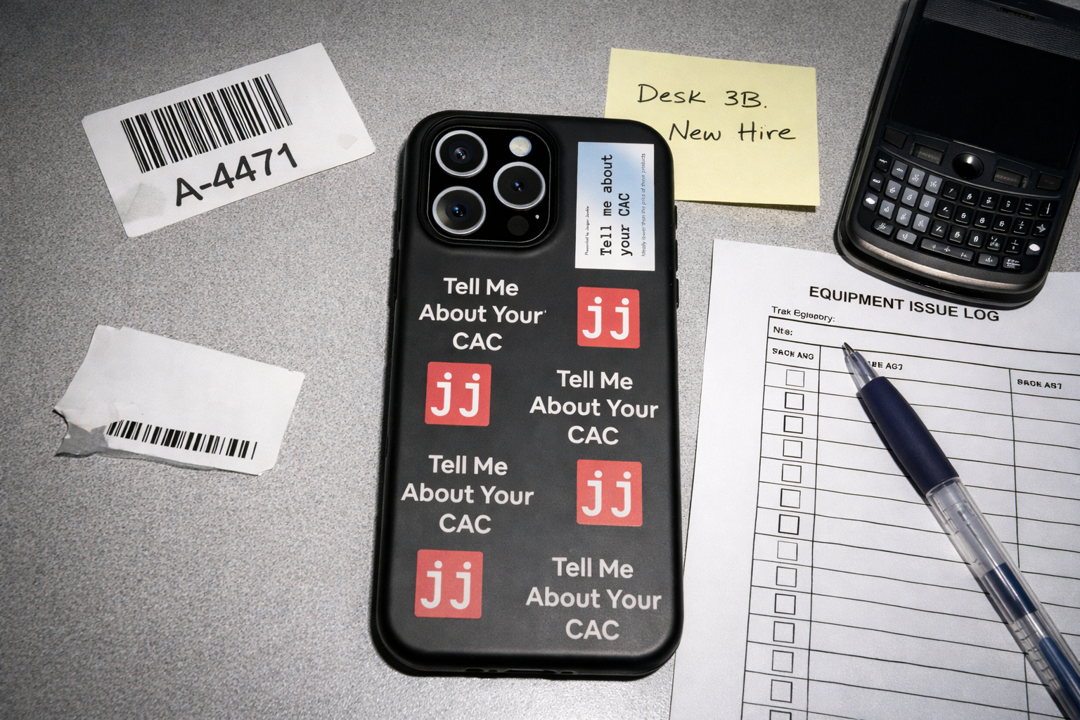 Jargon Junkie black iPhone Pro Max case with Tell Me About Your CAC text and JJ logos on office desk lifestyle shot corporate humor phone accessory