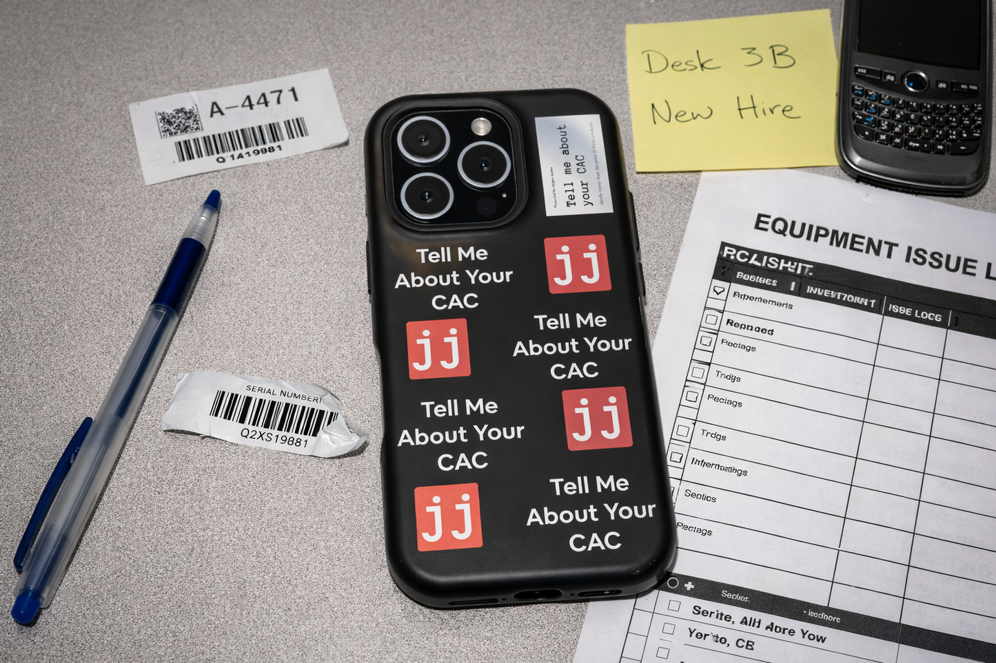 Jargon Junkie black iPhone Pro case with Tell Me About Your CAC text and JJ logos on office desk with equipment issue log corporate humor phone accessory