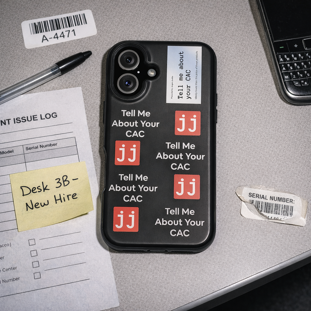 Jargon Junkie black iPhone case with Tell Me About Your CAC text and JJ logos on office desk lifestyle shot corporate humor phone accessory