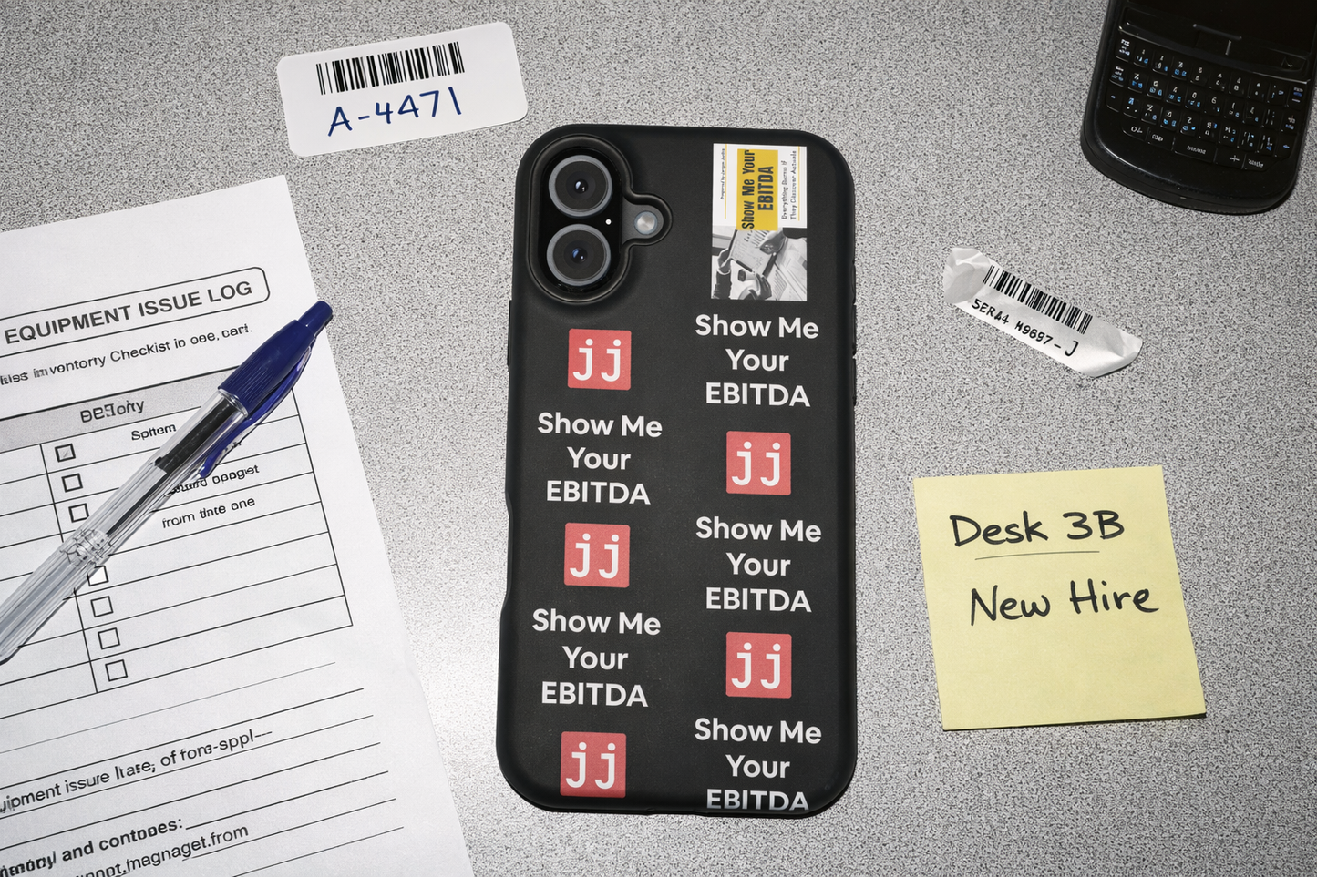 Black corporate humor phone case with 'Show Me Your EBITDA' text, perfect for finance professionals.