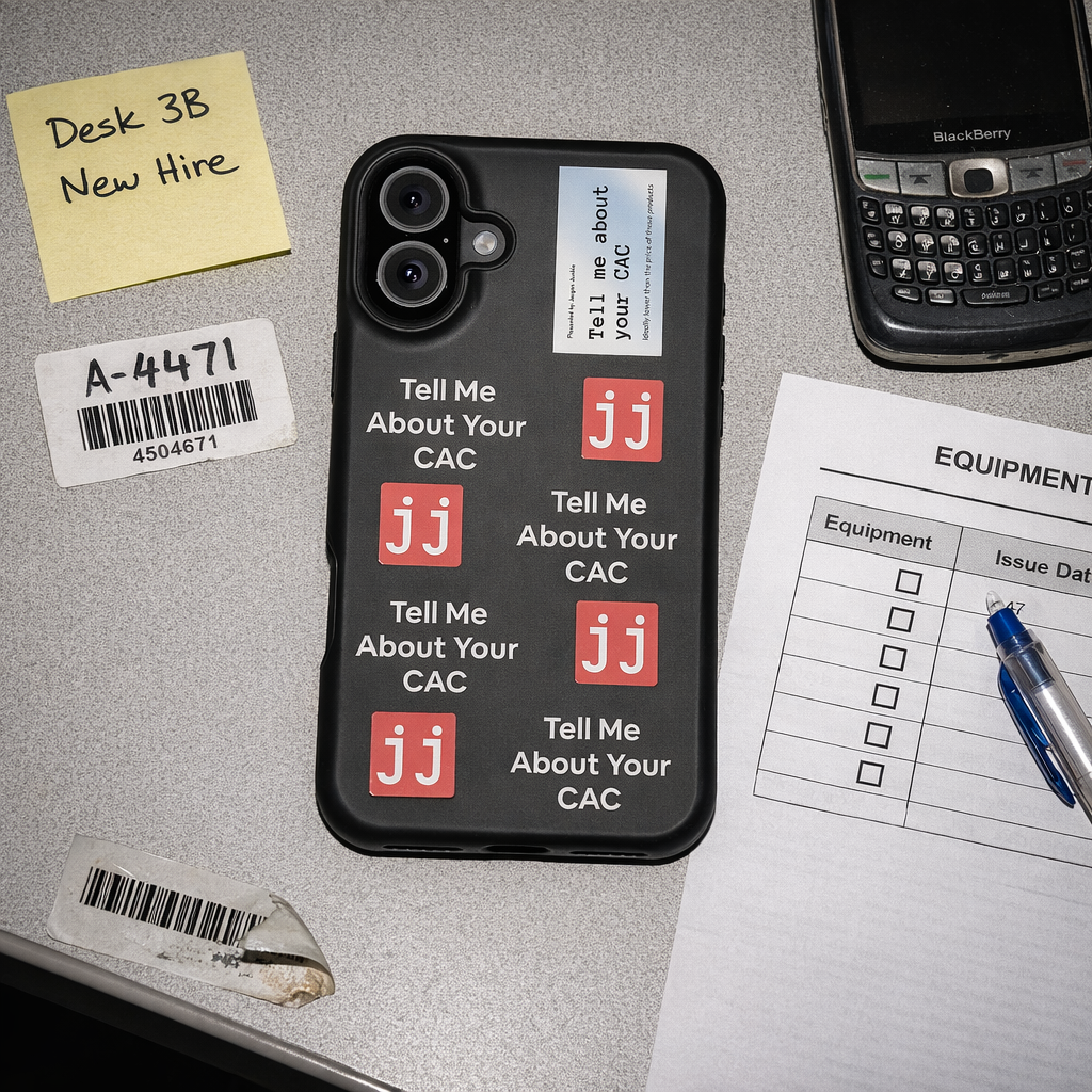Jargon Junkie black iPhone Plus case with Tell Me About Your CAC text and JJ logos on office desk lifestyle shot corporate humor phone accessory