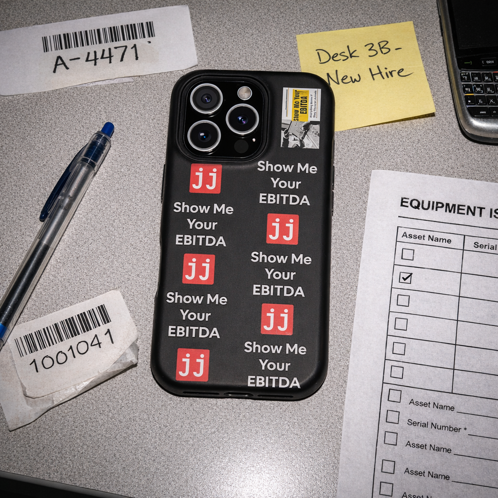 Black corporate humor phone case with 'Show Me Your EBITDA' text, perfect for finance professionals.