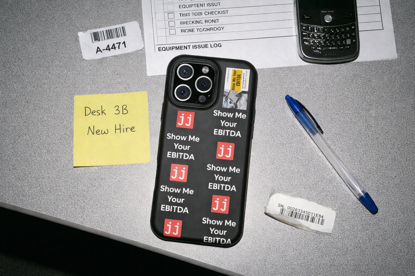 Black corporate humor phone case with 'Show Me Your EBITDA' text, perfect for finance professionals.