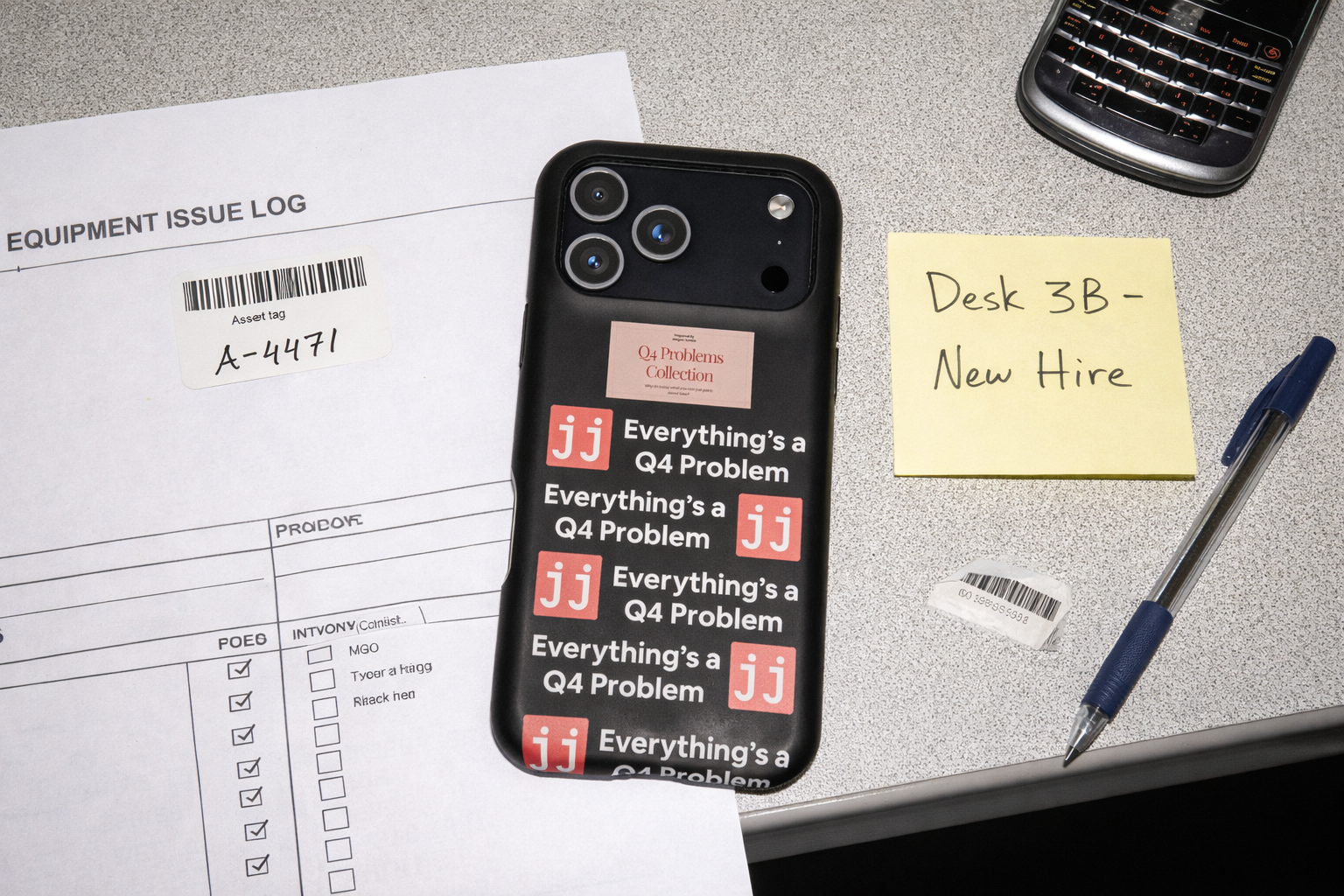 Everything’s a Q4 Problem' phone case on a desk with an equipment issue log, vintage BlackBerry, and New Hire note.