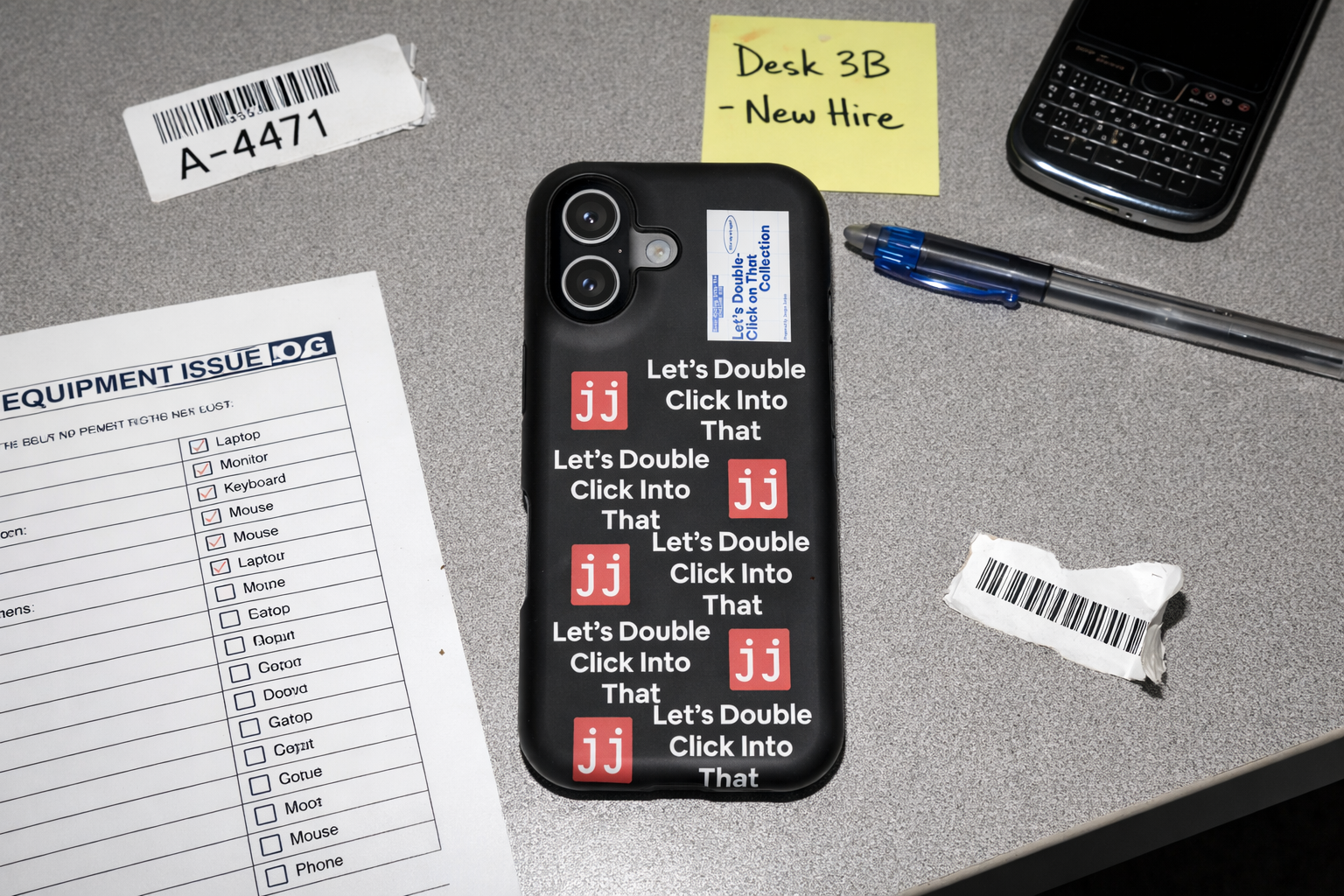 Jargon Junkie black iPhone 17 case with Let's Double Click Into That text and JJ logos on office desk with equipment issue log corporate humor phone accessory