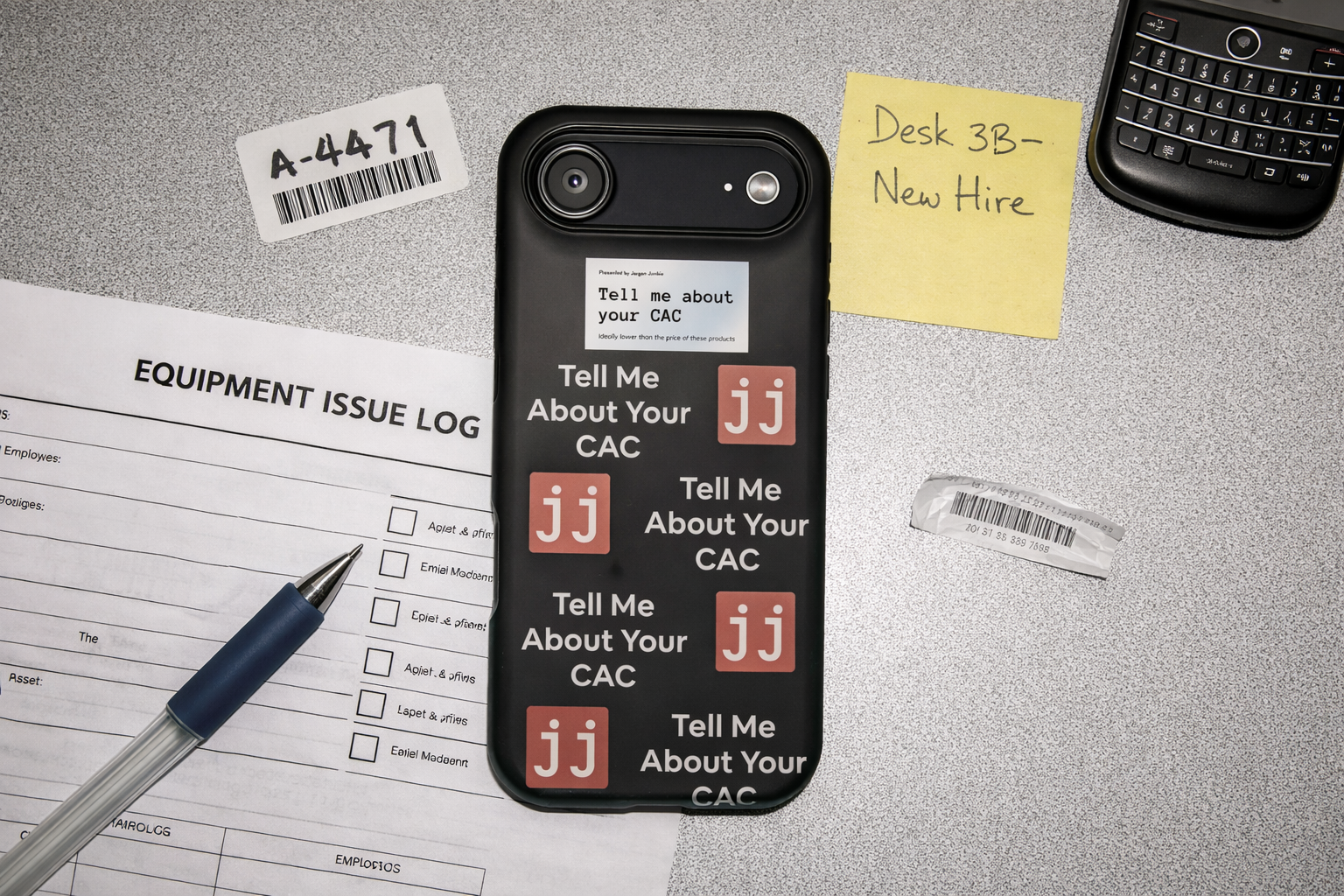 Jargon Junkie black iPhone case with Tell Me About Your CAC text and JJ logos on office desk new hire setup corporate humor phone accessory