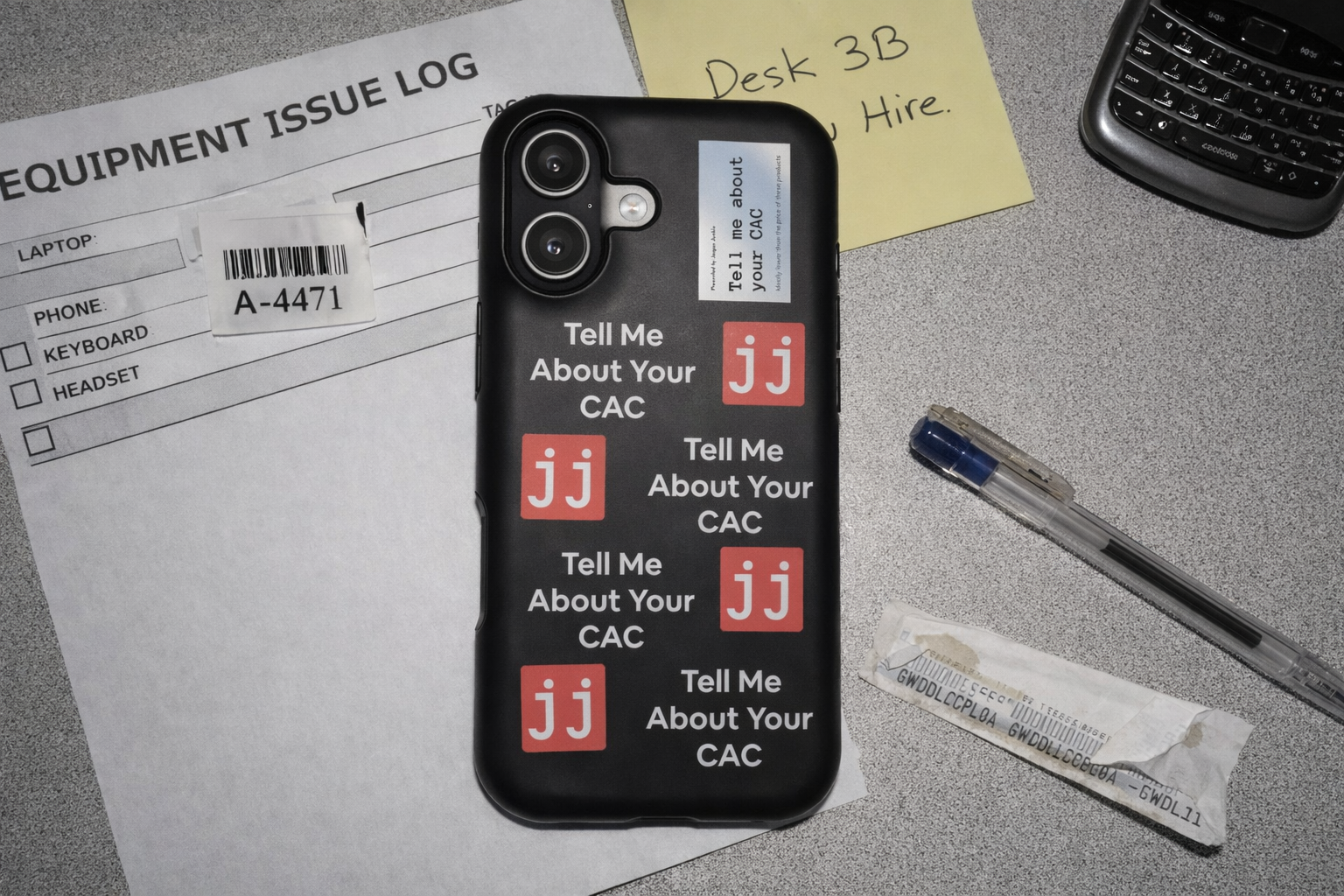 Jargon Junkie black iPhone case with Tell Me About Your CAC text and JJ logos on office desk with equipment log lifestyle shot corporate humor