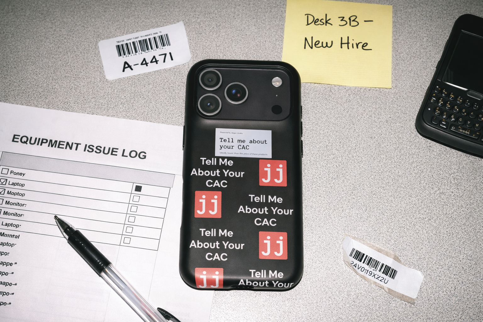 Jargon Junkie black iPhone Pro case with Tell Me About Your CAC text and JJ logos on office desk new hire setup corporate humor phone accessory