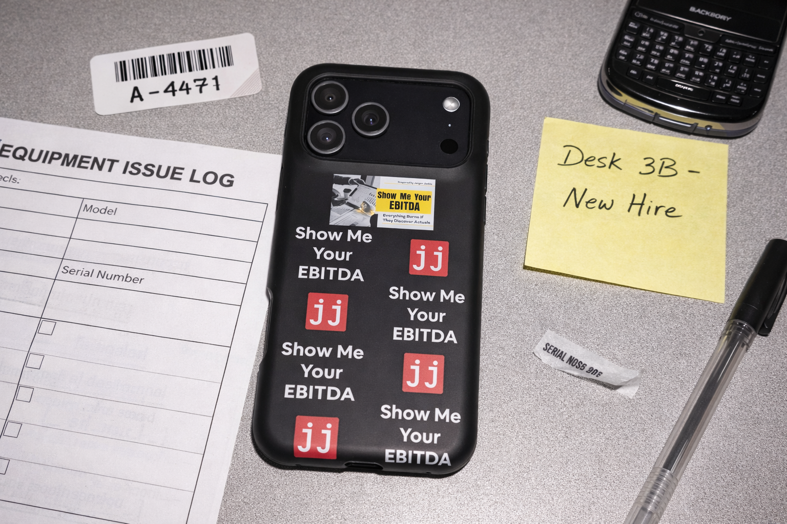 Black corporate humor phone case with 'Show Me Your EBITDA' text, perfect for finance professionals.