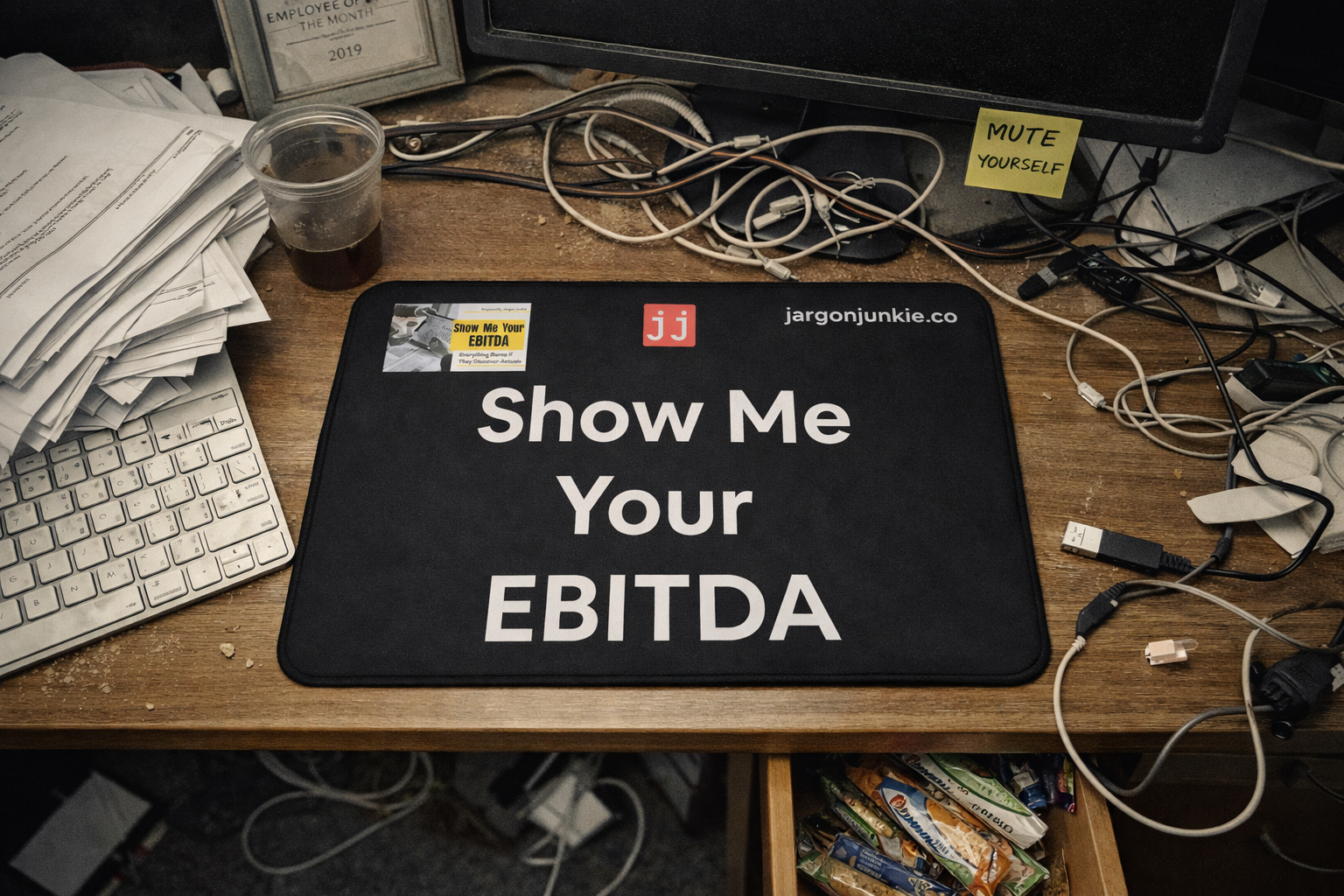 Jargon Junkie black desk mat with Show Me Your EBITDA text close-up on messy office desk corporate humor desk accessory