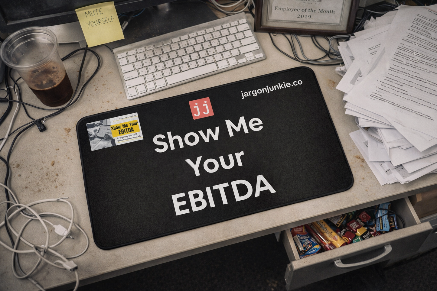 Jargon Junkie black desk mat with Show Me Your EBITDA text top view on cluttered desk corporate humor desk accessory