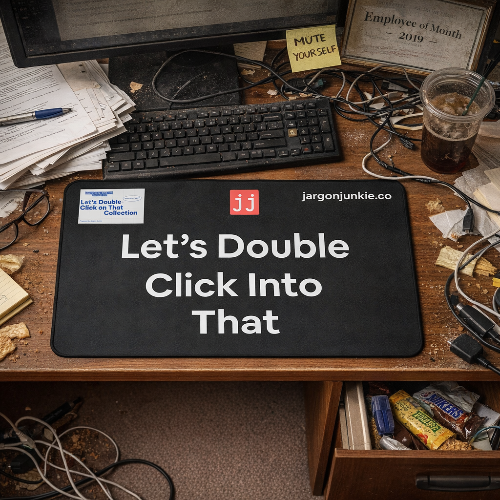Jargon Junkie black desk mat with Let's Double Click Into That text on office desk lifestyle shot corporate humor desk accessory