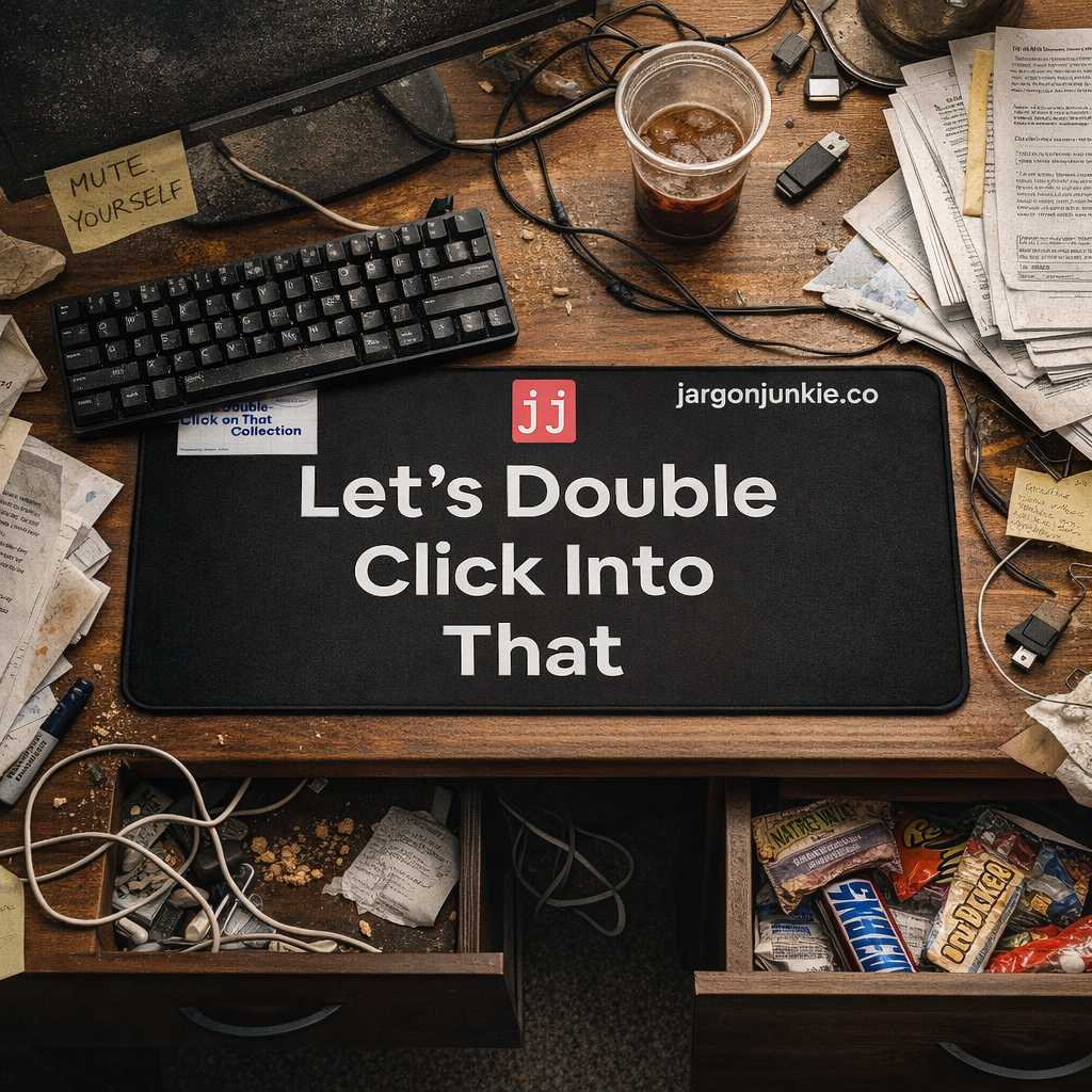 Jargon Junkie black desk mat with Let's Double Click Into That text top view on cluttered desk corporate humor desk accessory