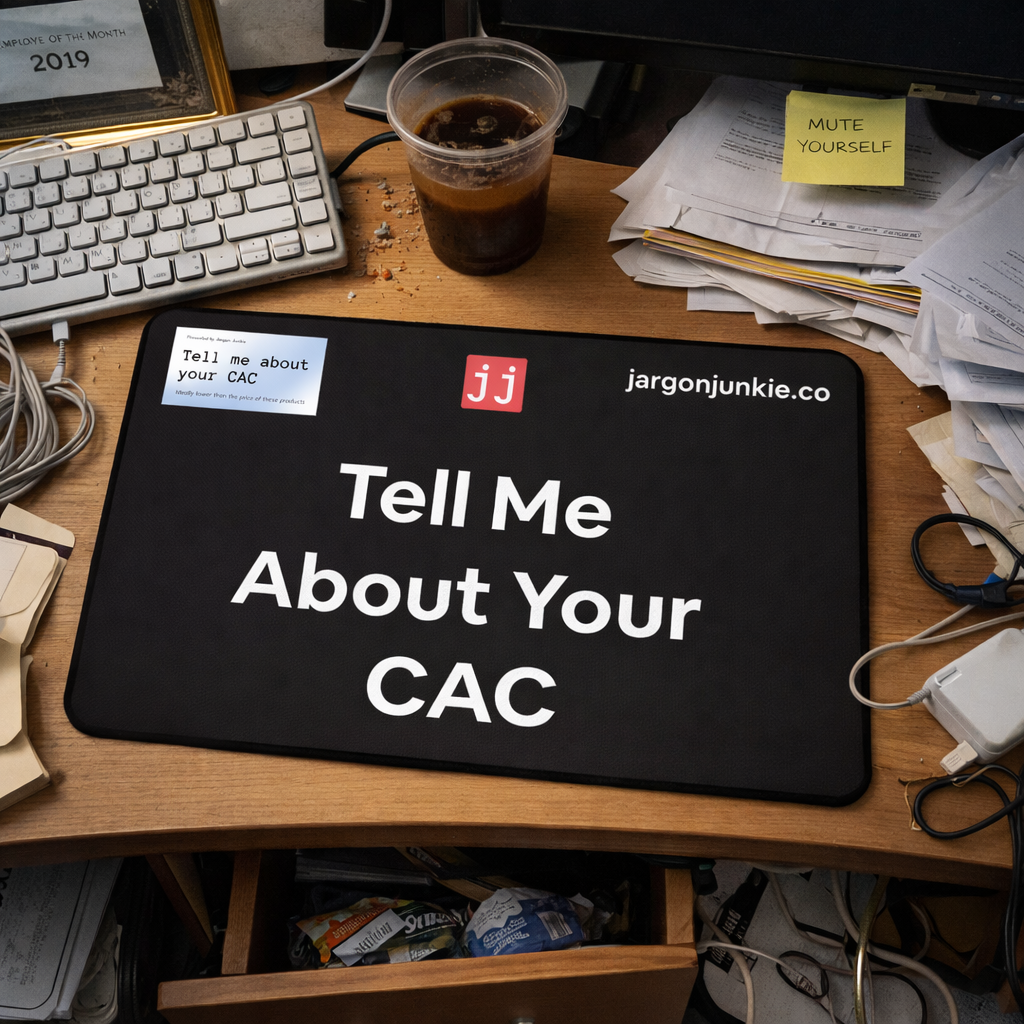 Jargon Junkie black desk mat with Tell Me About Your CAC text on office desk lifestyle shot corporate humor desk accessory