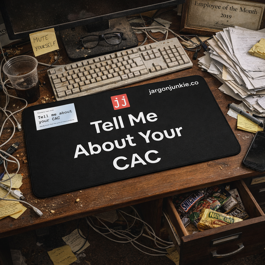 Jargon Junkie black desk mat with Tell Me About Your CAC text close-up on cluttered desk corporate humor desk accessory