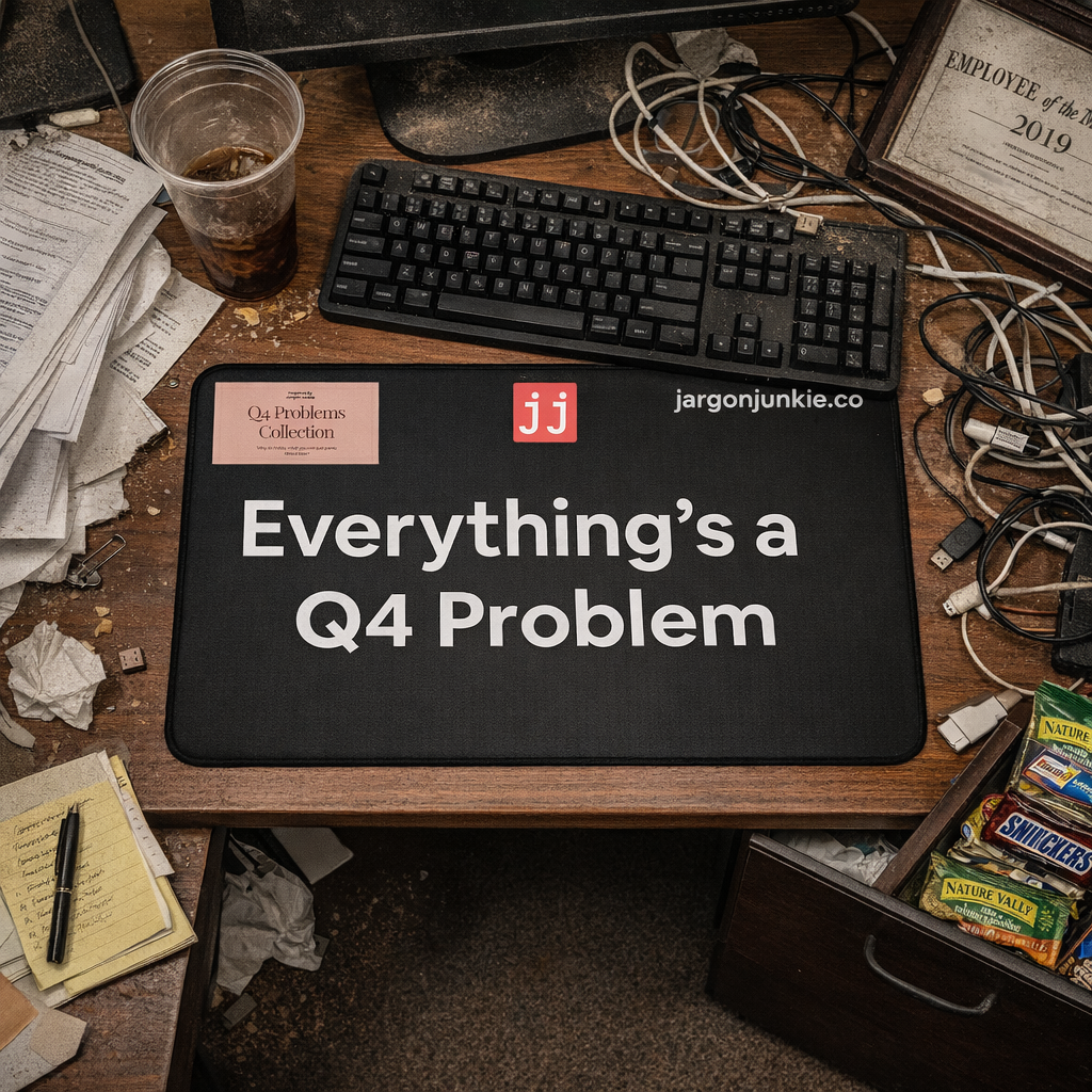 Jargon Junkie black desk mat with Everything's a Q4 Problem text on office desk lifestyle shot corporate humor desk accessory