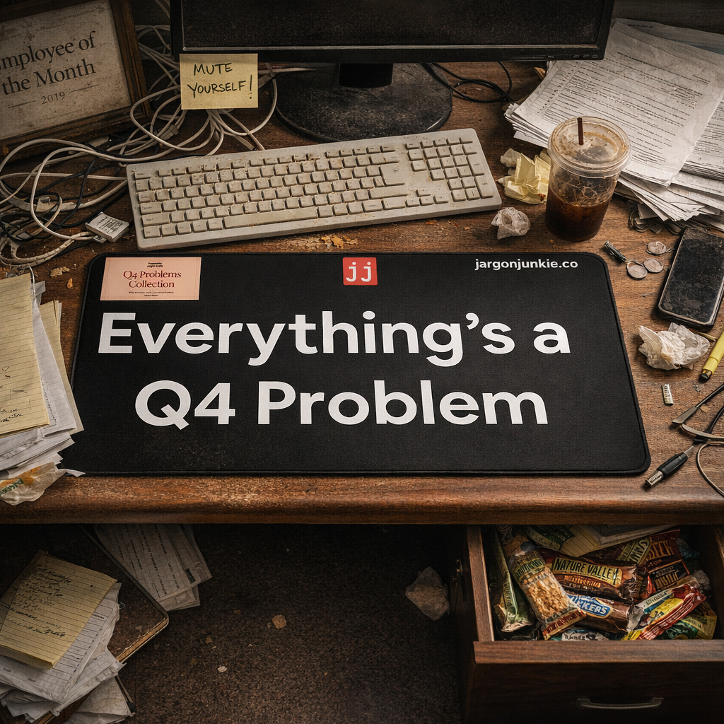 Jargon Junkie black desk mat with Everything's a Q4 Problem text top view on cluttered desk corporate humor desk accessory
