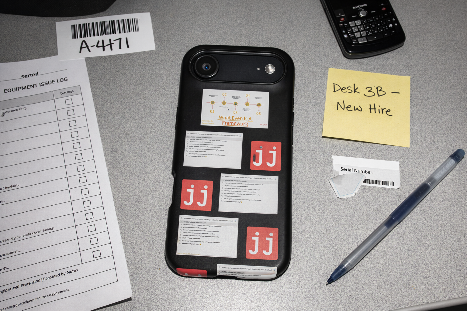 Jargon Junkie black iPhone Pro case with framework questions design and JJ logos back view angled product mockup corporate humor phone accessory