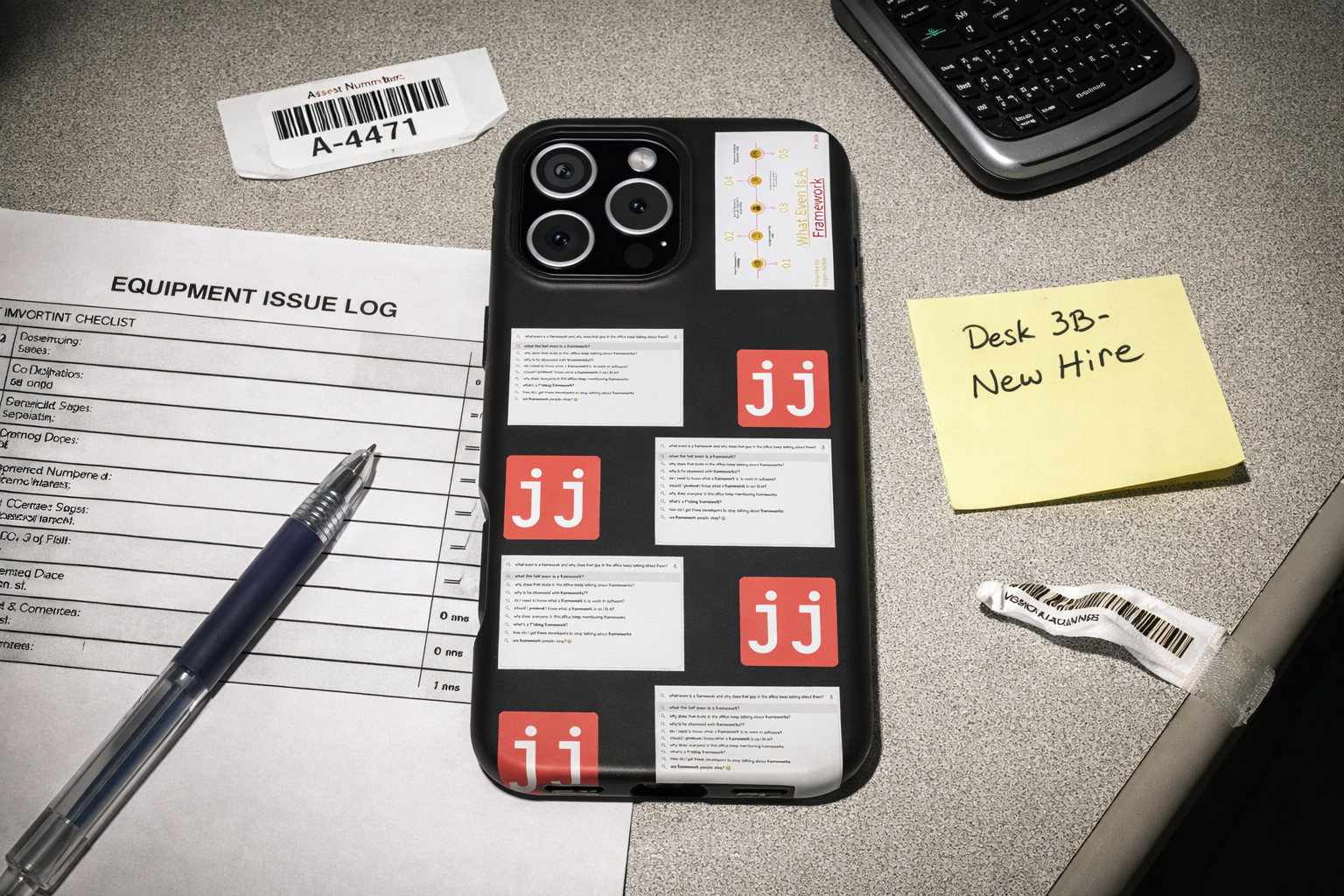 Jargon Junkie black iPhone Pro case with framework questions design and JJ logos back view angled product mockup corporate humor phone accessory