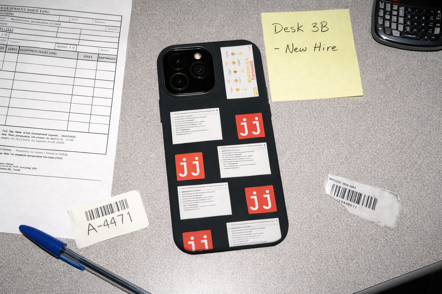 Jargon Junkie black iPhone Pro case with framework questions design and JJ logos back view angled product mockup corporate humor phone accessory