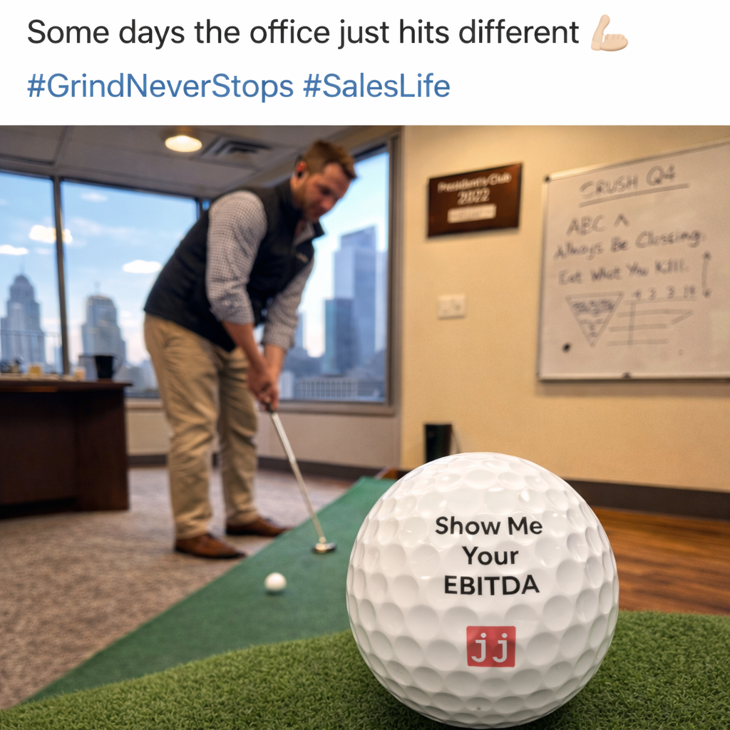 Jargon Junkie white golf ball with Show Me Your EBITDA text office golf practice scene with Crush Q4 whiteboard corporate humor SalesLife