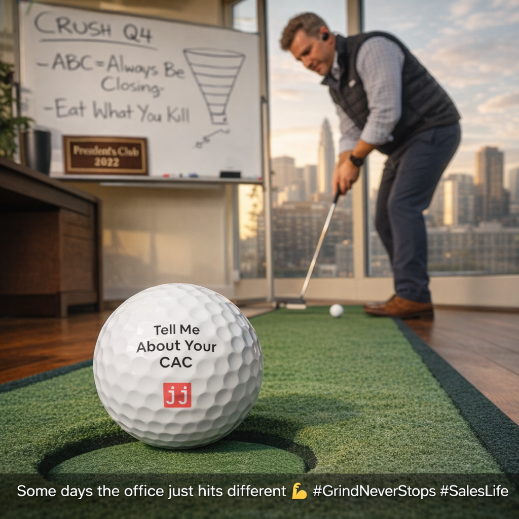 Jargon Junkie white golf ball with Tell Me About Your CAC text office golf practice scene with Crush Q4 whiteboard corporate humor