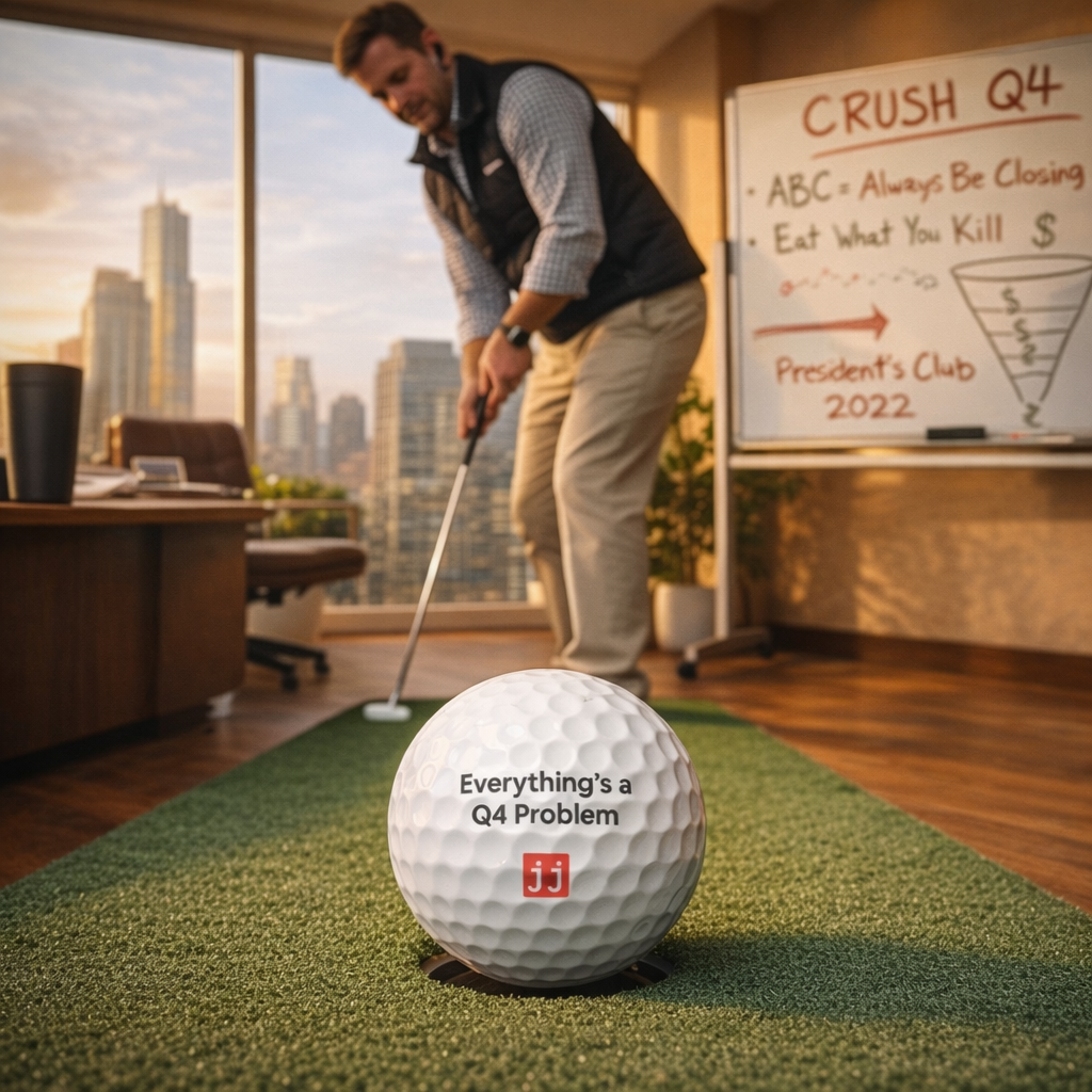 Jargon Junkie white golf ball with Everything's a Q4 Problem text office golf practice scene with Crush Q4 sales whiteboard corporate humor