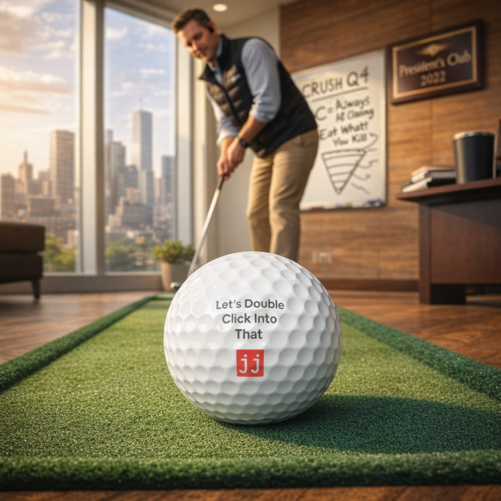 Jargon Junkie white golf ball with Let's Double Click Into That text office golf practice scene with Crush Q4 whiteboard corporate humor
