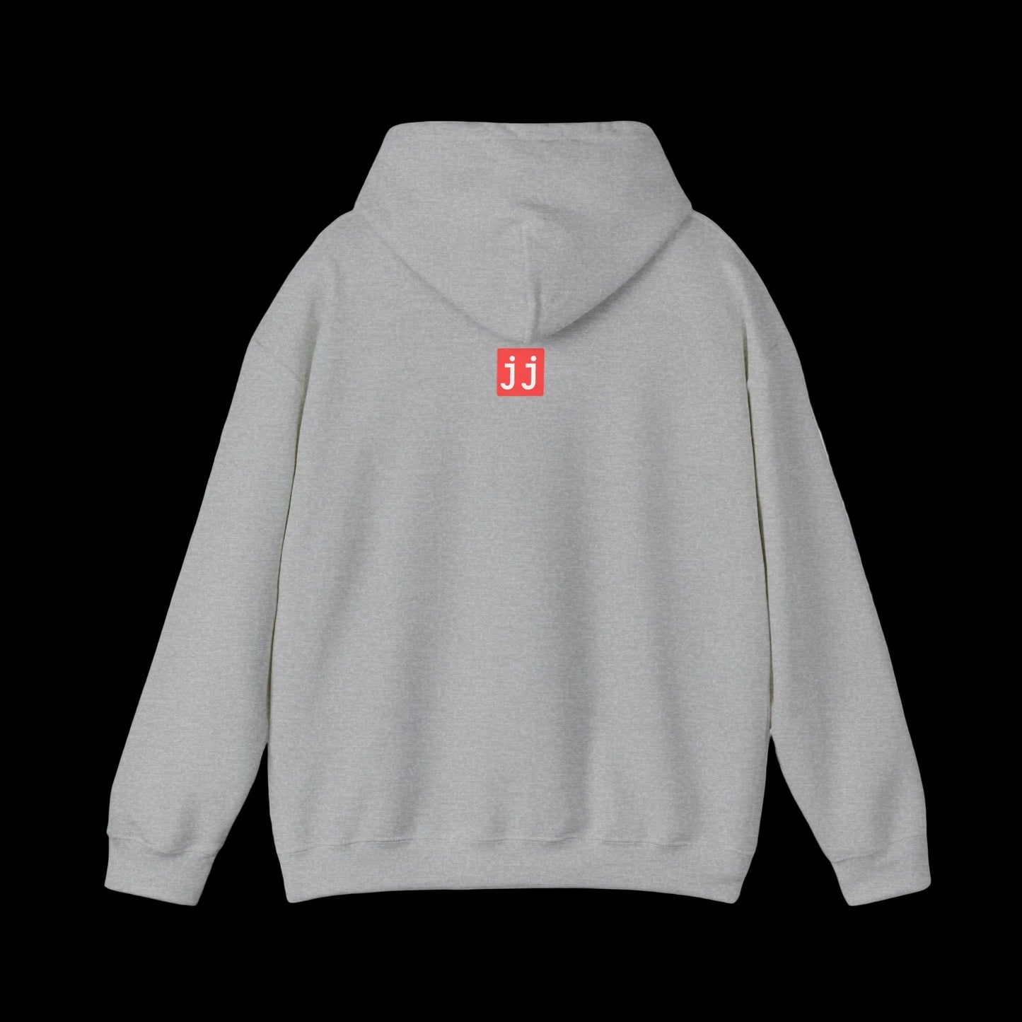 Jargon Junkie sport grey hoodie back view with JJ logo corporate humor design
