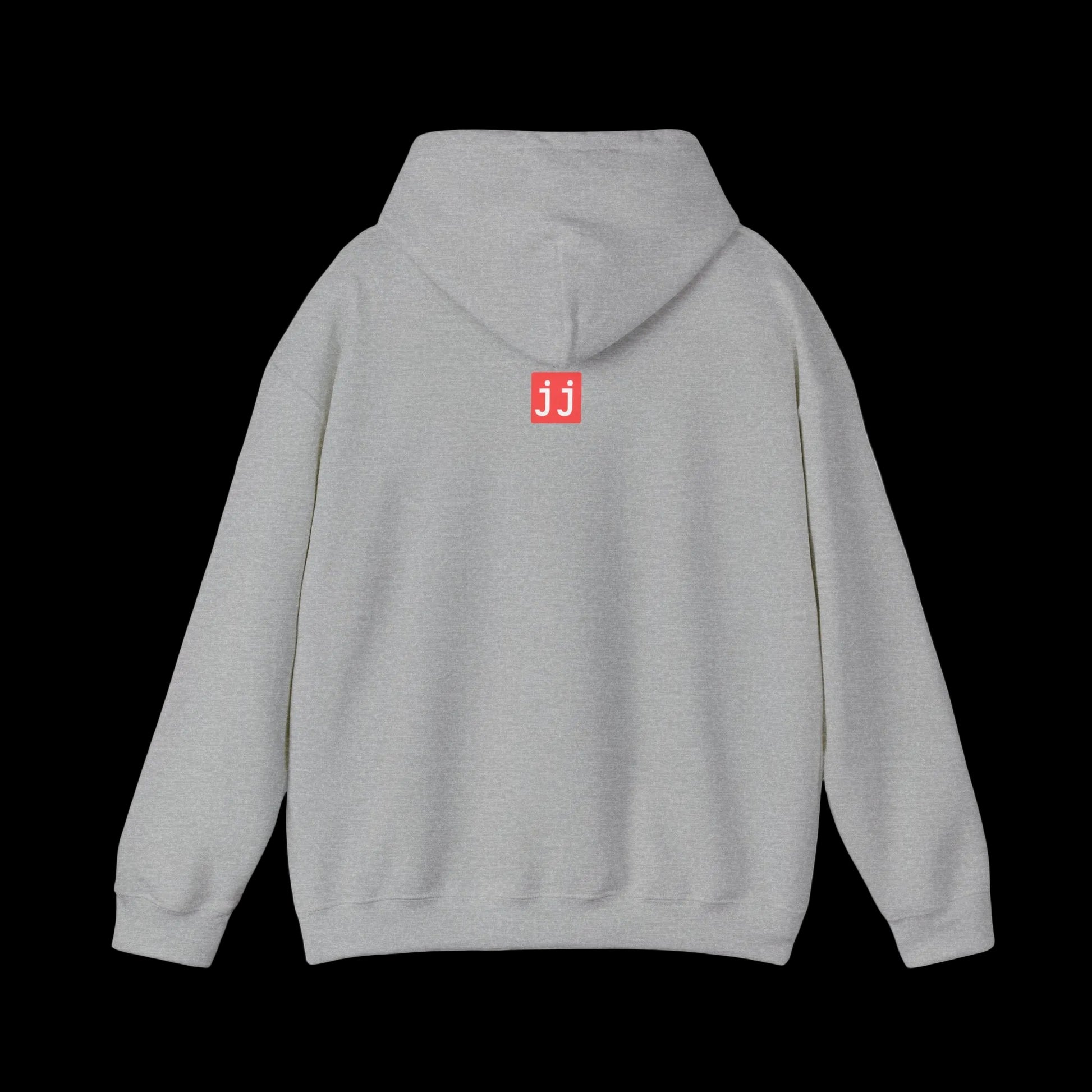 Gray hoodie with a red logo on the back against a black background