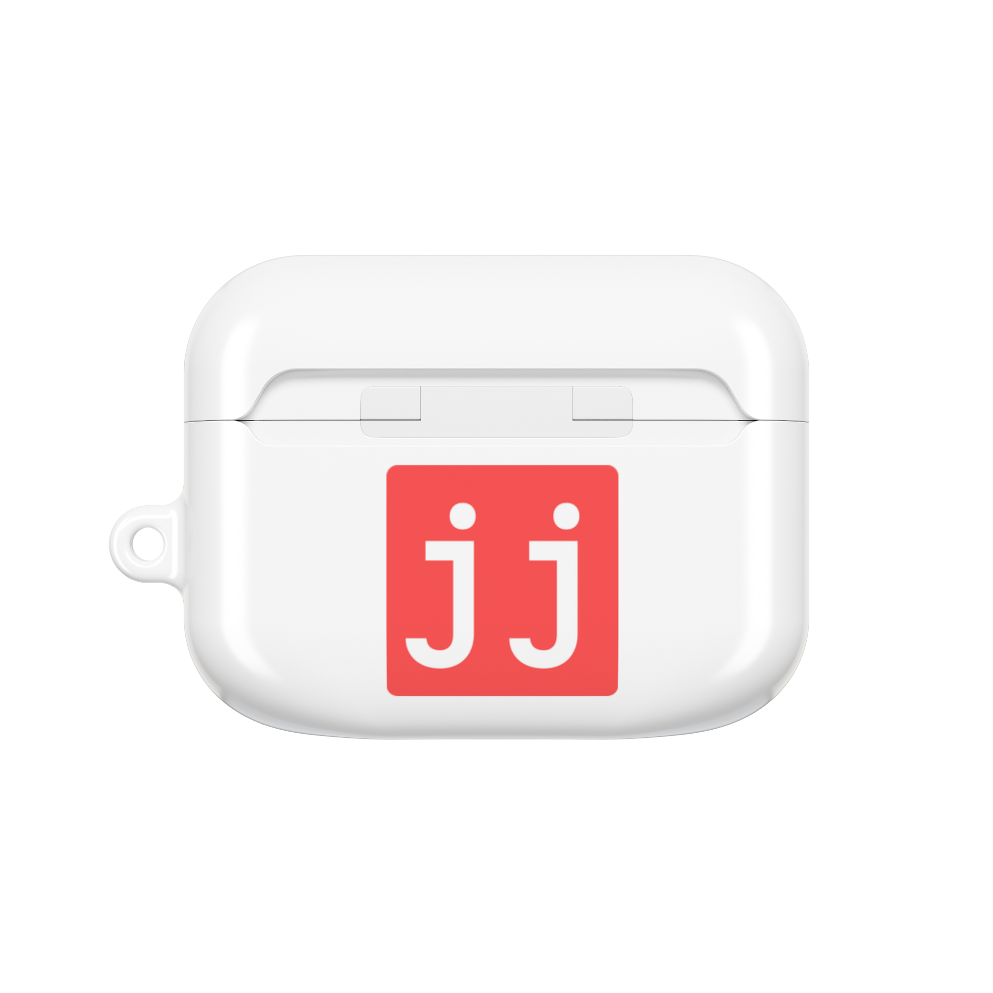 Jargon Junkie white AirPods Pro Gen1 case back view with JJ logo corporate humor design