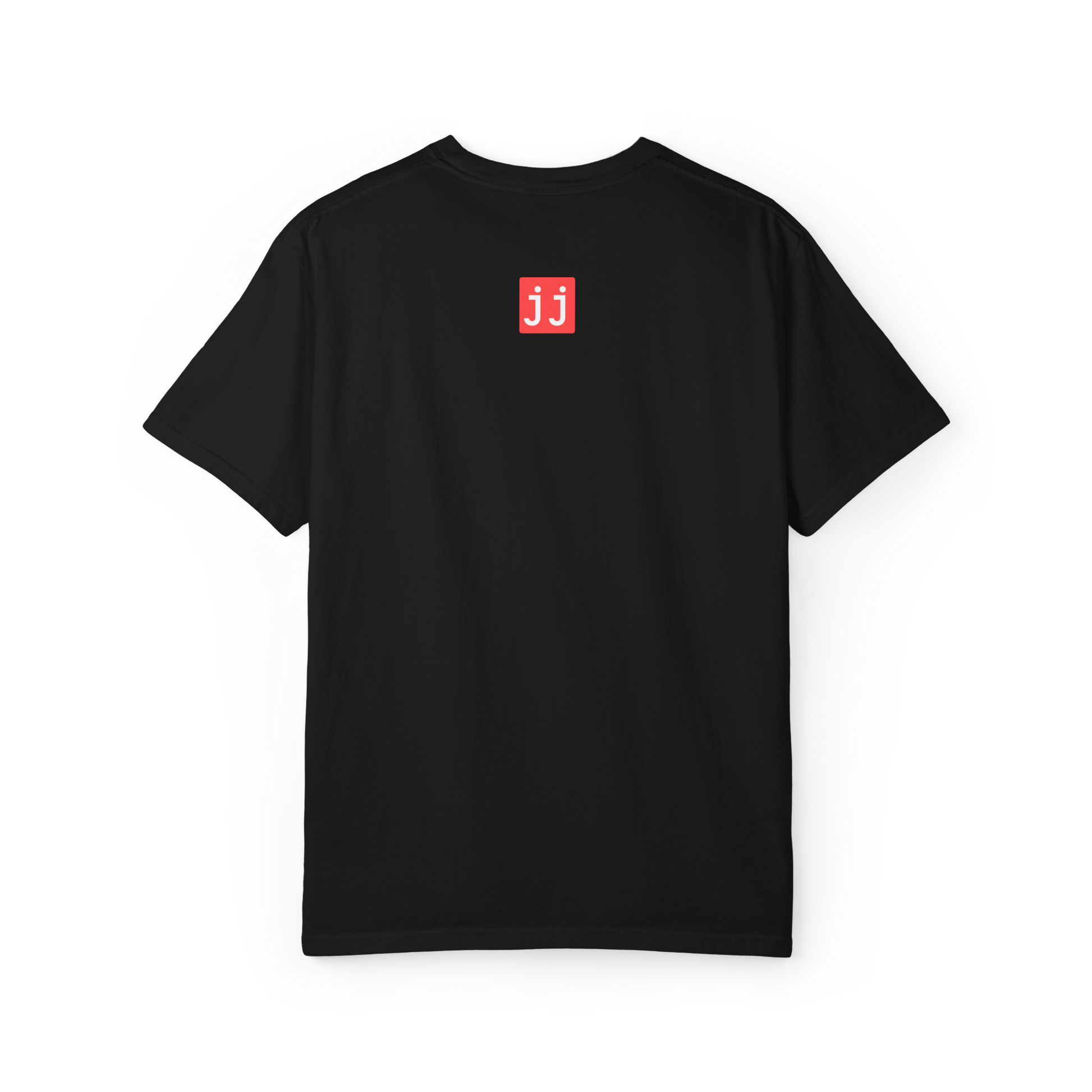 Black t-shirt with a red logo on the back against a white background. Business, corporate humor. 