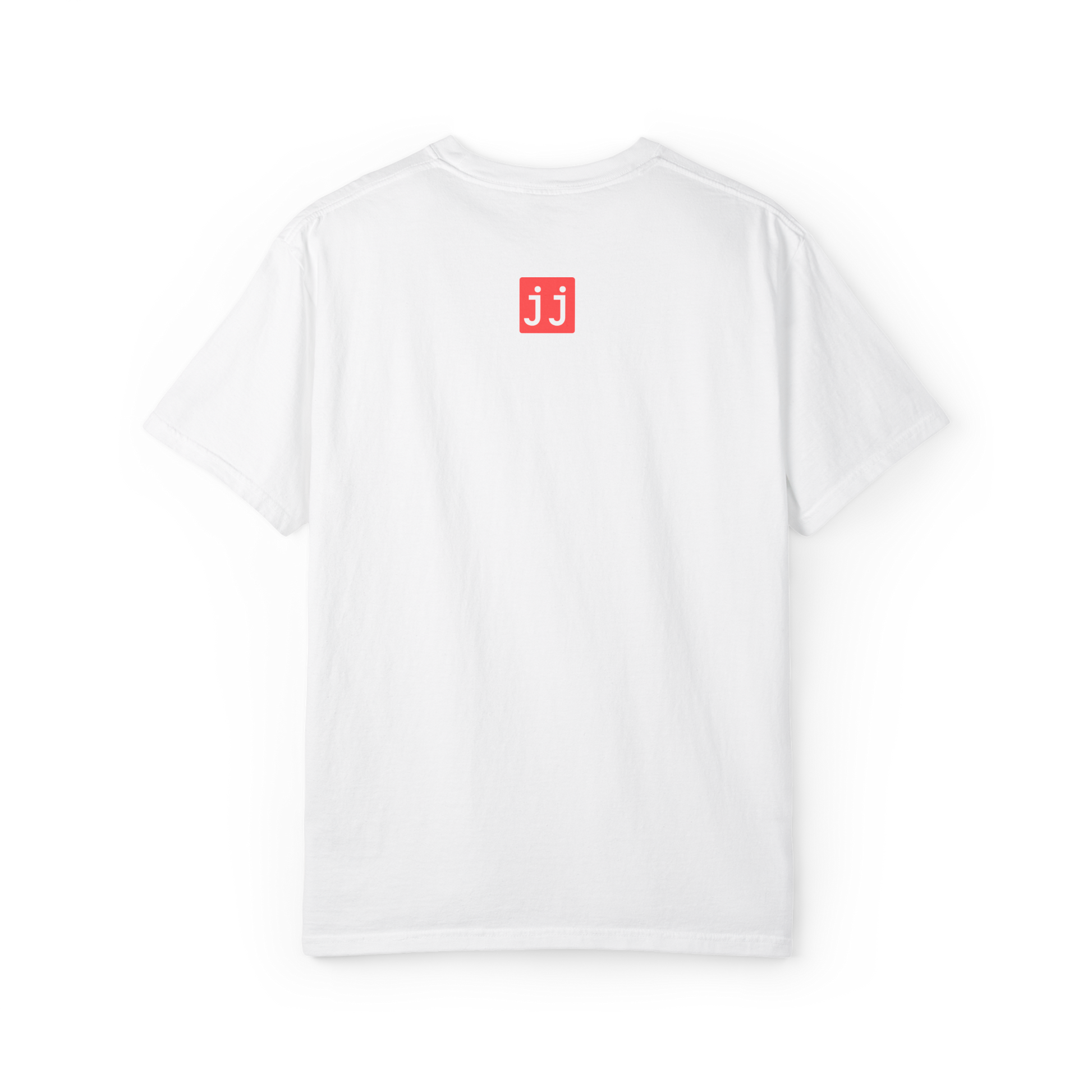 White t-shirt with a red logo on the back against a white background. Corporate funny humor. 