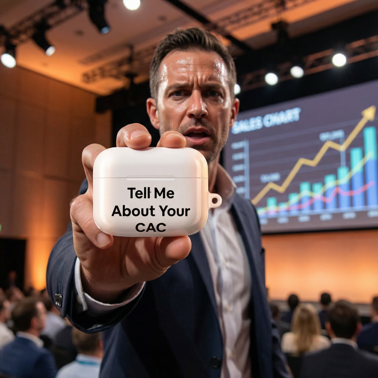 Jargon Junkie white AirPods case with Tell Me About Your CAC text held at tech conference corporate humor design