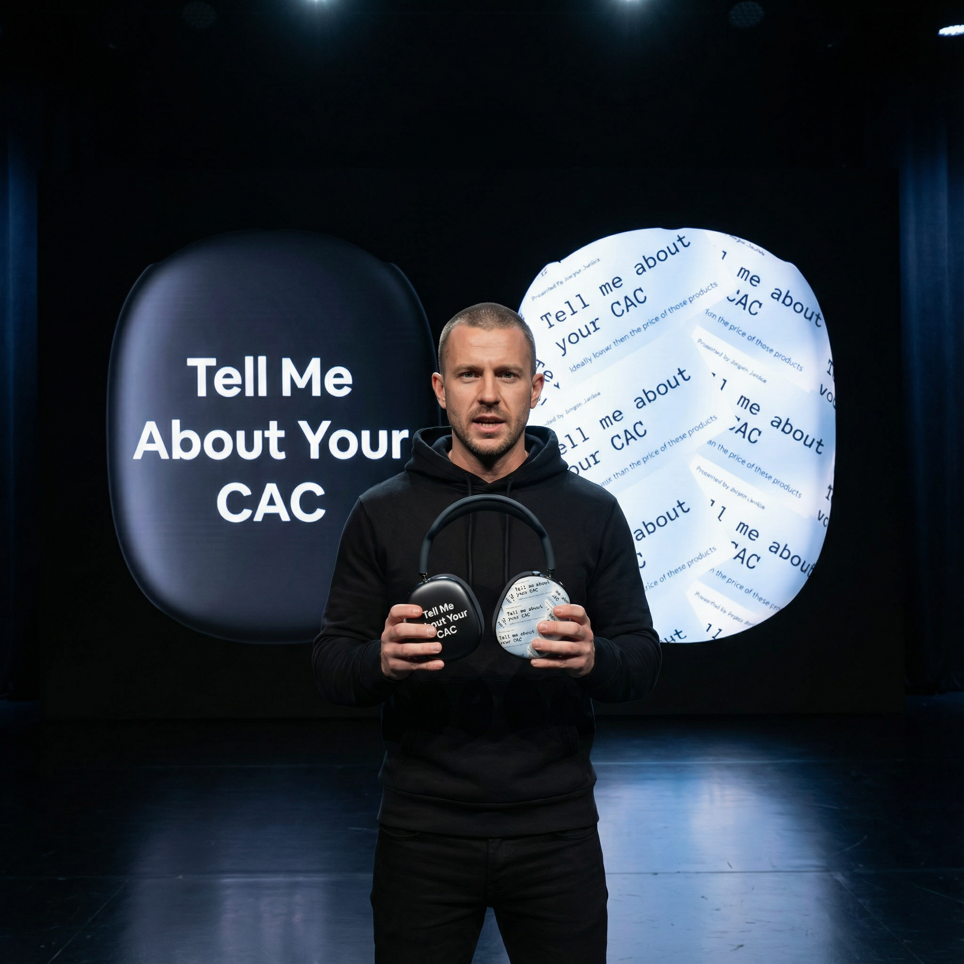 Jargon Junkie black AirPods Max cover with Tell Me About Your CAC text held at tech keynote corporate humor design