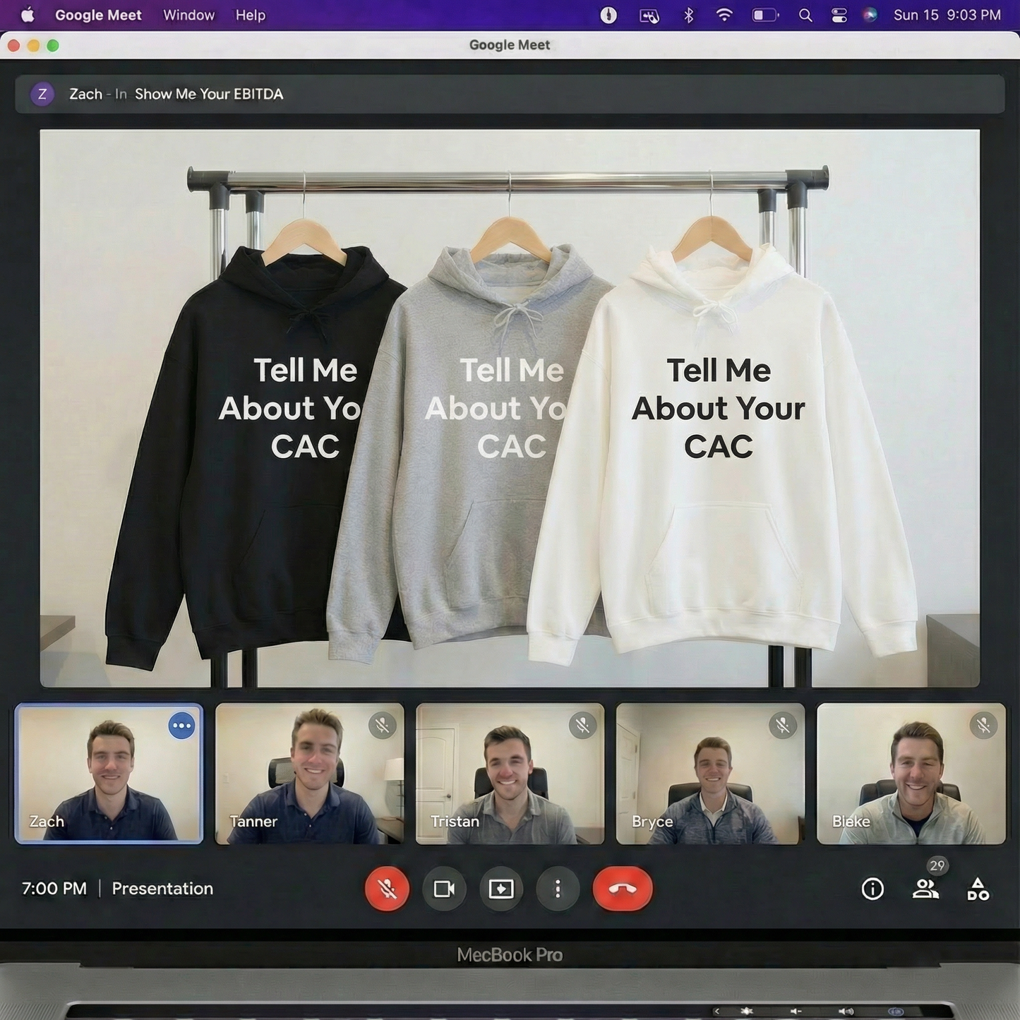 Three hoodies on hangers with text on a Google Meet screen with multiple participants. Hoodie with 'Tell Me About Your CAC' across the front in bold letters. Corporate funny humor. 
