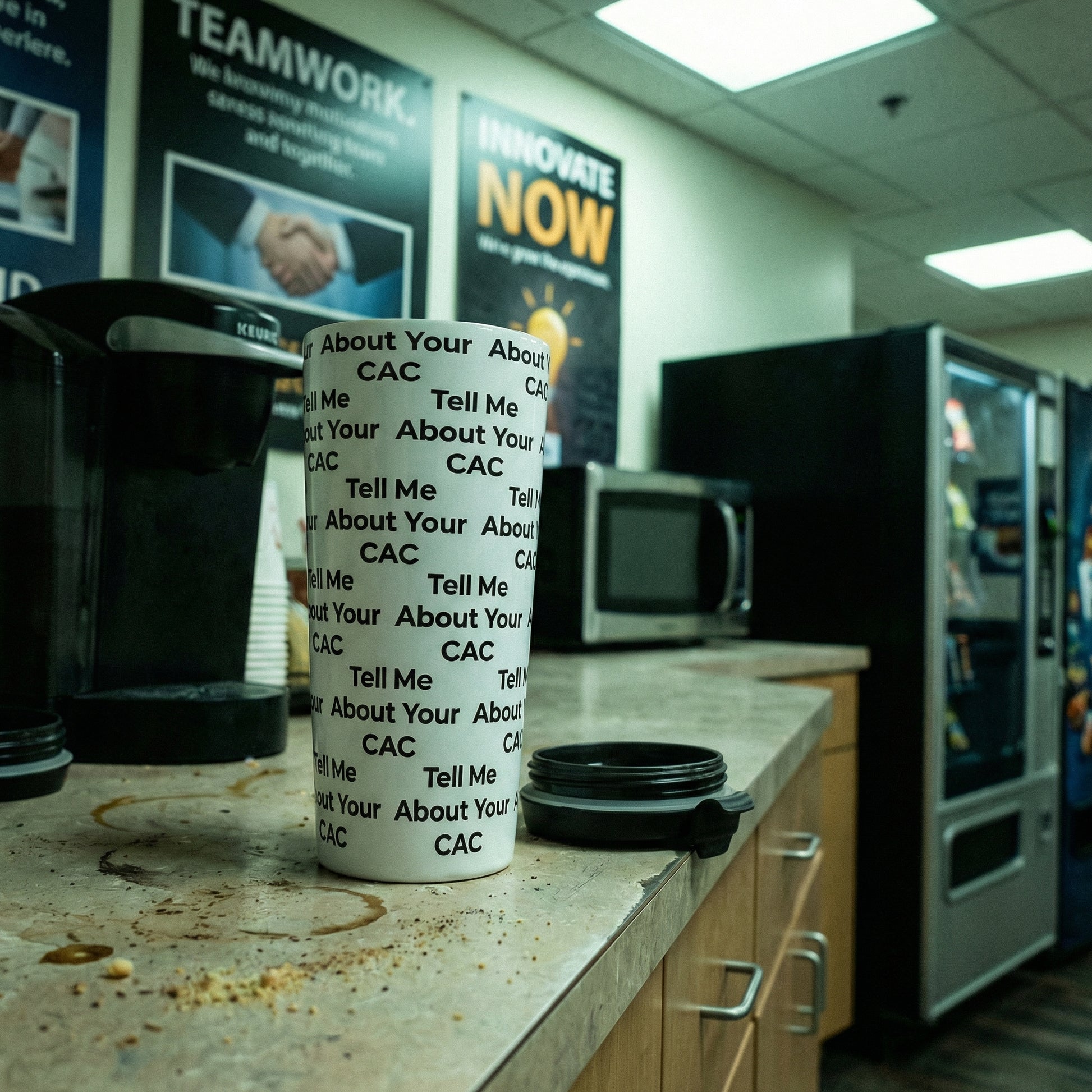 Jargon Junkie white tumbler with Tell Me About Your CAC text pattern in office break room corporate humor drinkware
